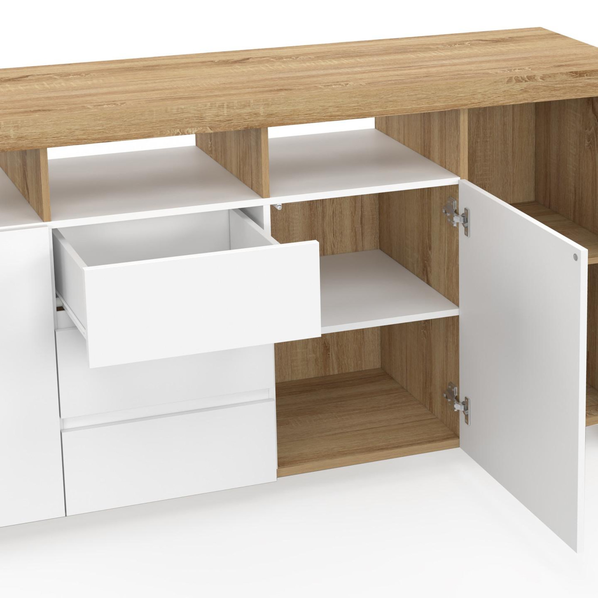 Voir la diapositive 6 : ID MARKET Buffet 180 cm MALO bois façon hêtre 3 portes et 3 tiroirs blancs