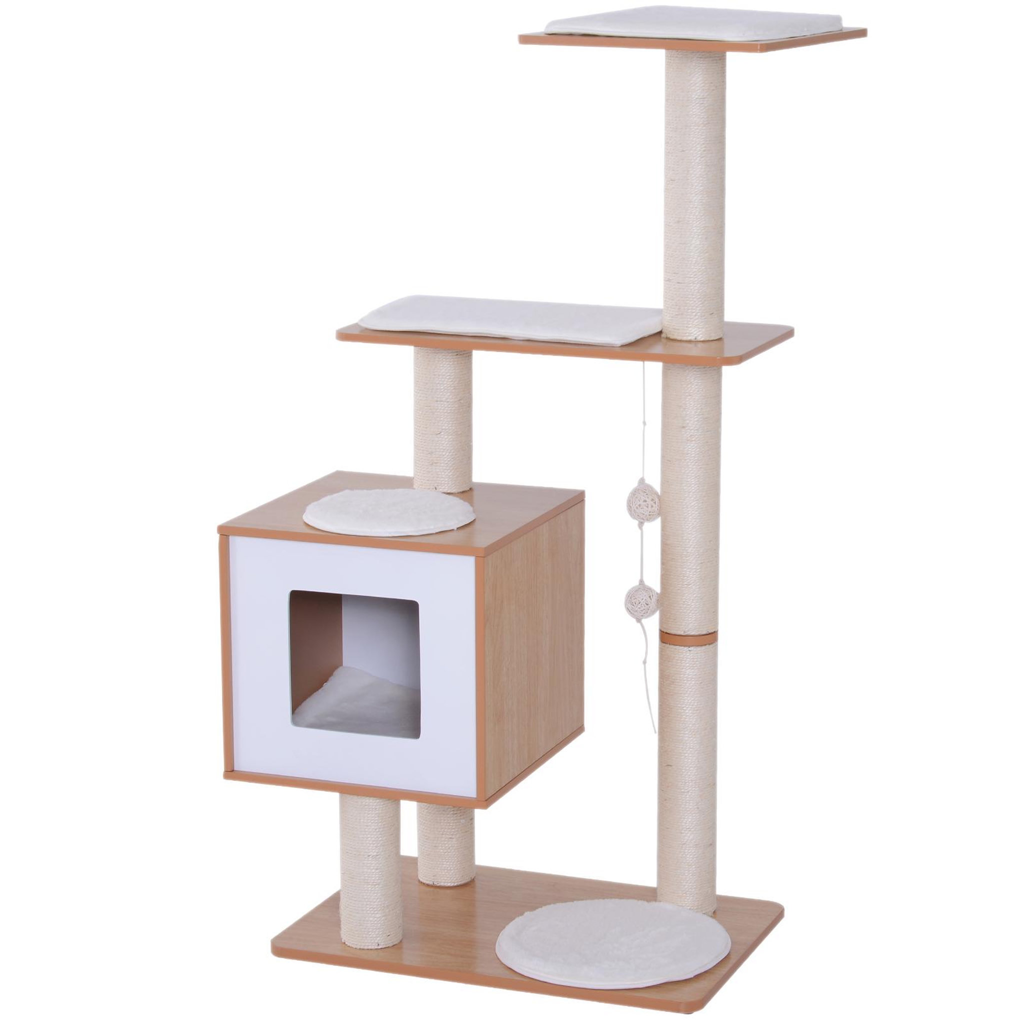 Voir la diapositive 1 : PAWHUT Arbre à chats design contemporain griffoirs grattoirs sisal naturel centre d'activités niche plate-formes jeu boules suspendues 71L x 49l x 120H cm MDF hêtre clair
