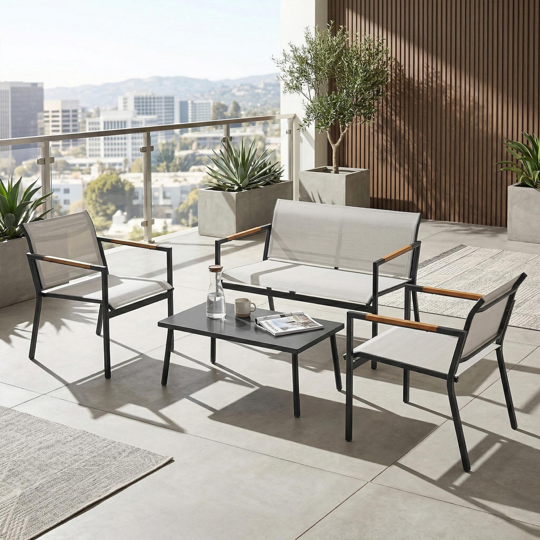 Voir la diapositive 2 : OUTSUNNY Salon de jardin design métal textilène effet bois 4 places 4 pièces