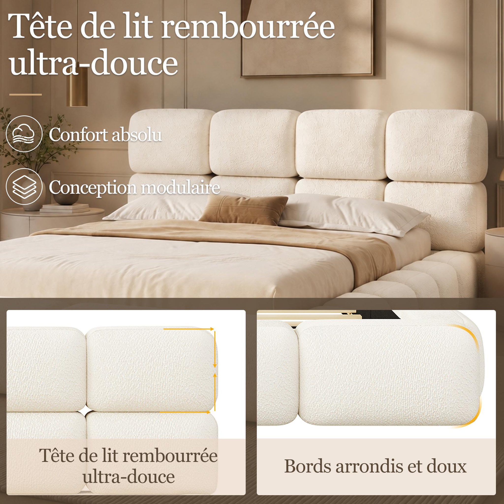 Voir la diapositive 6 : MERAX Lit coffre 180x200 cm double avec sommier tête de lit capitonnée bouclé blanc