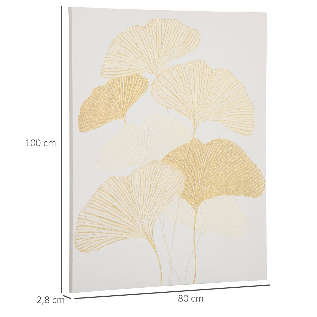 HOMCOM Tableau imprimé et peint feuilles ginkgo biloba - dim. 100L x 80l cm - décoration murale - toile 100% polyester structure bois de pin encre dorée blanc