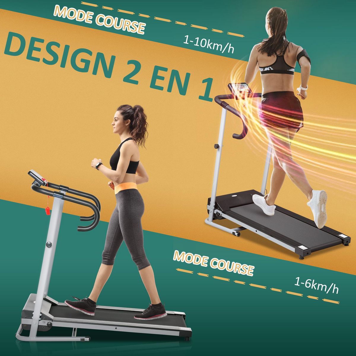 HOMCOM Tapis de course Fitness électrique pliable - 1 à 10 Km/h - écran LCD multifonctions - puissance 500 W - gris foncé noir
