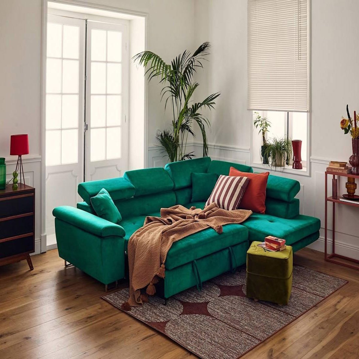 BEST MOBILIER Dimas - canapé d'angle droit 5 places - convertible avec coffre et têtières réglables - en velours