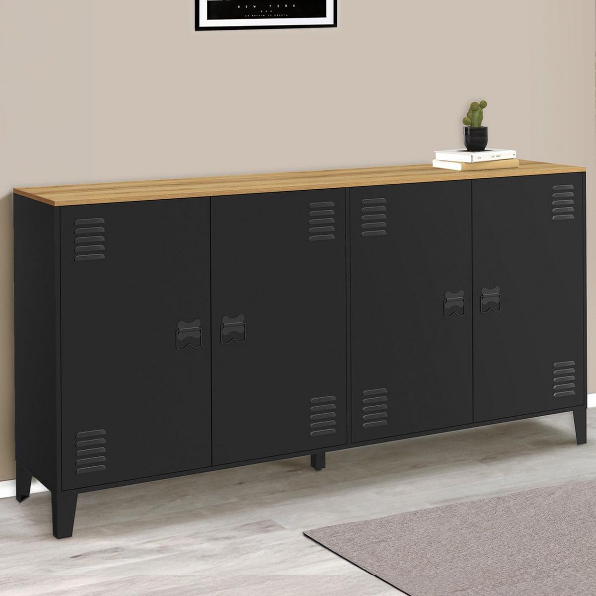 ID MARKET Buffet 160cm ESTER 4 portes en métal noir plateau bois design industriel