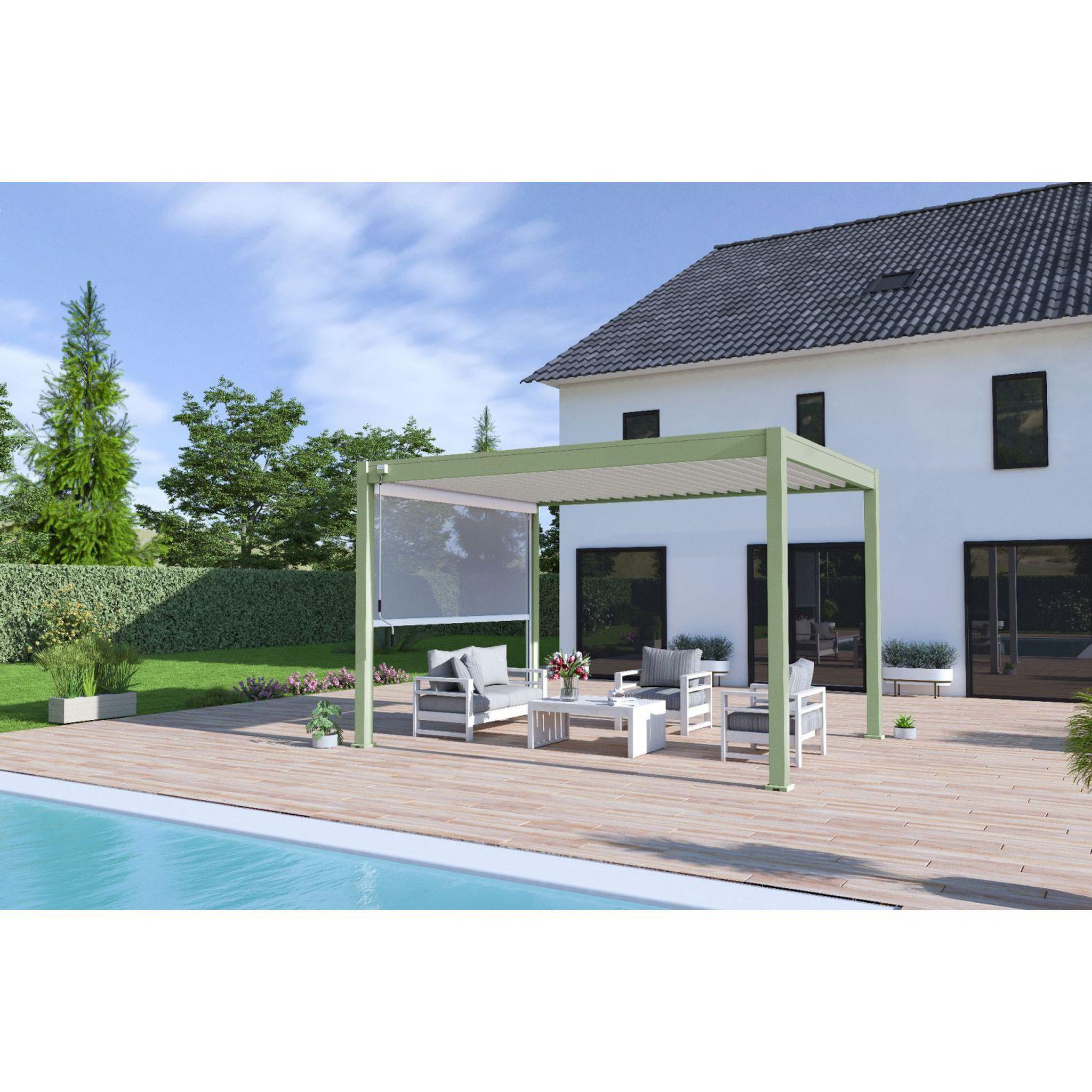Voir la diapositive 2 : Pergola Bioclimatique autoportée 3x4 m - Aluminium - Vert jade/blanc - VS OmBREA®