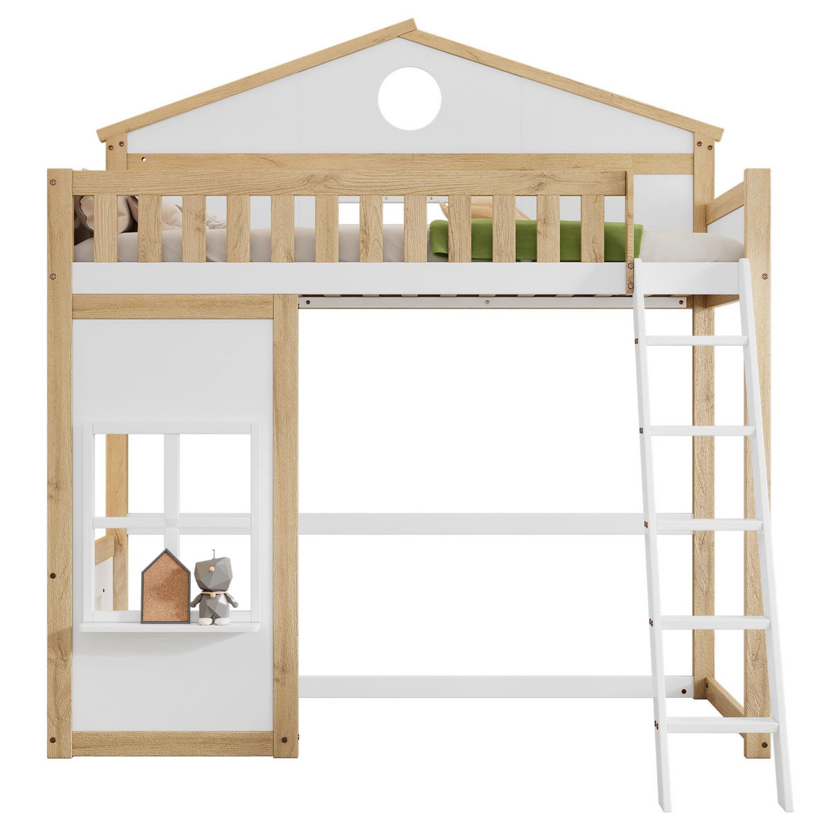 MERAX Lit combiné enfant 90x200cm coloris blanc+naturel bois massif