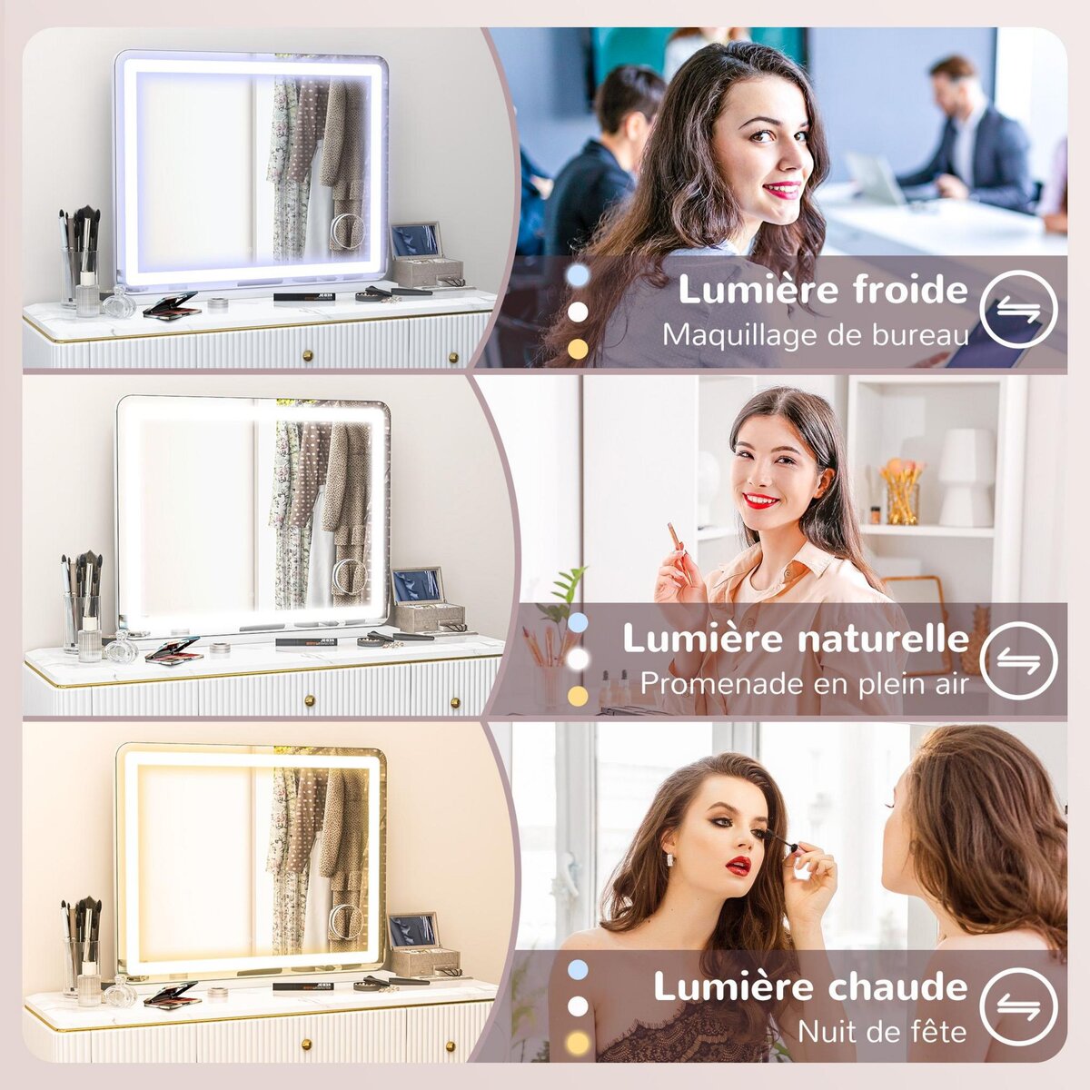 HOMCOM Miroir Lumineux LED tactile intensité 3 modes d'éclairage grossissement 10X charge USB