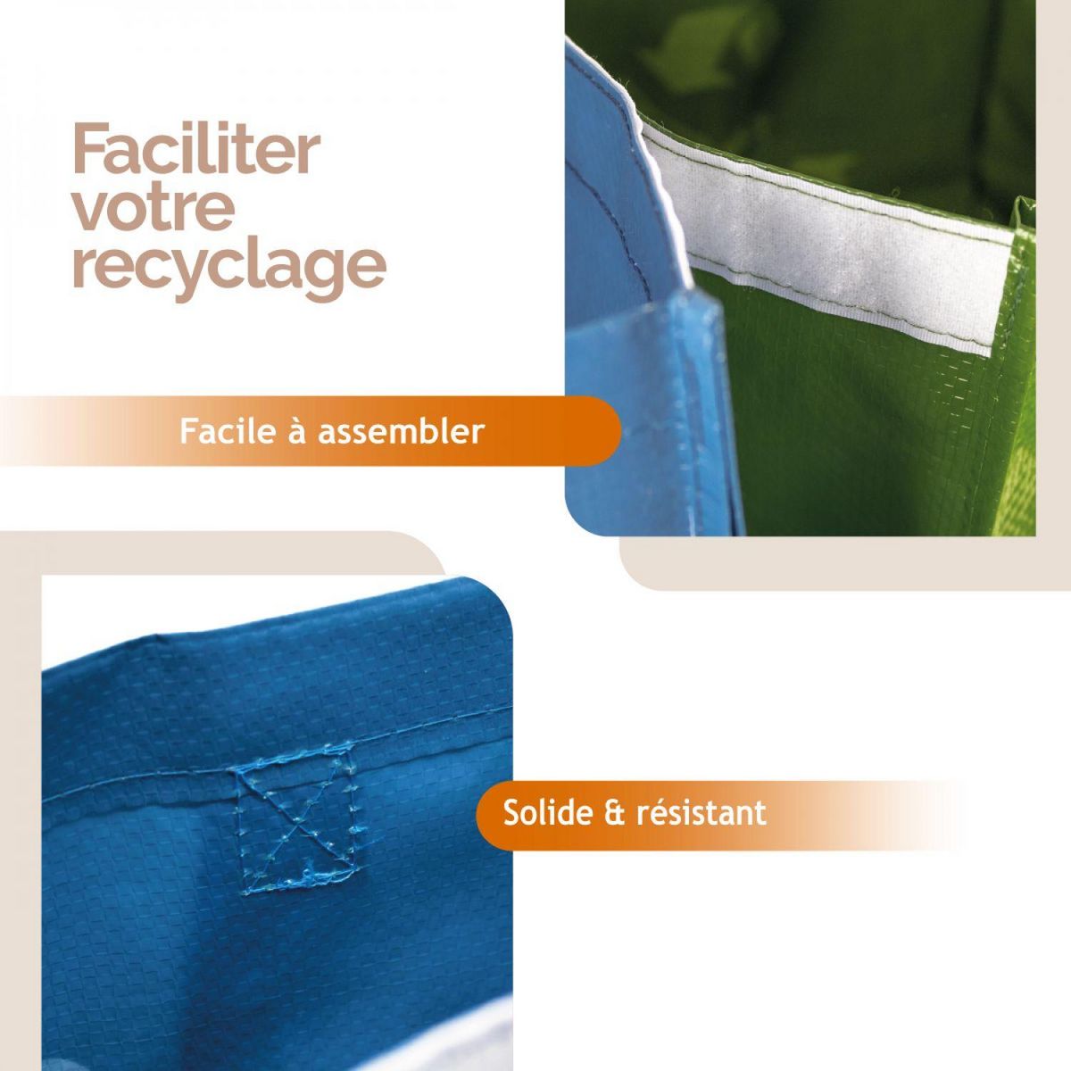 LINXOR Lot de 3 sacs de tri réutilisables pour recyclage des déchets - 130 L