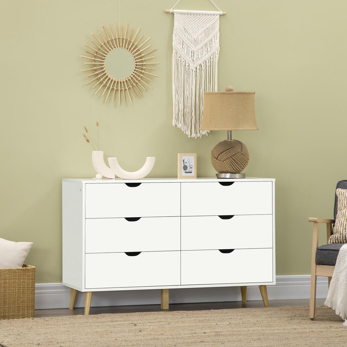 HOMCOM Commode 6 tiroirs design scandinave piètement effilé incliné bois pin panneaux blanc