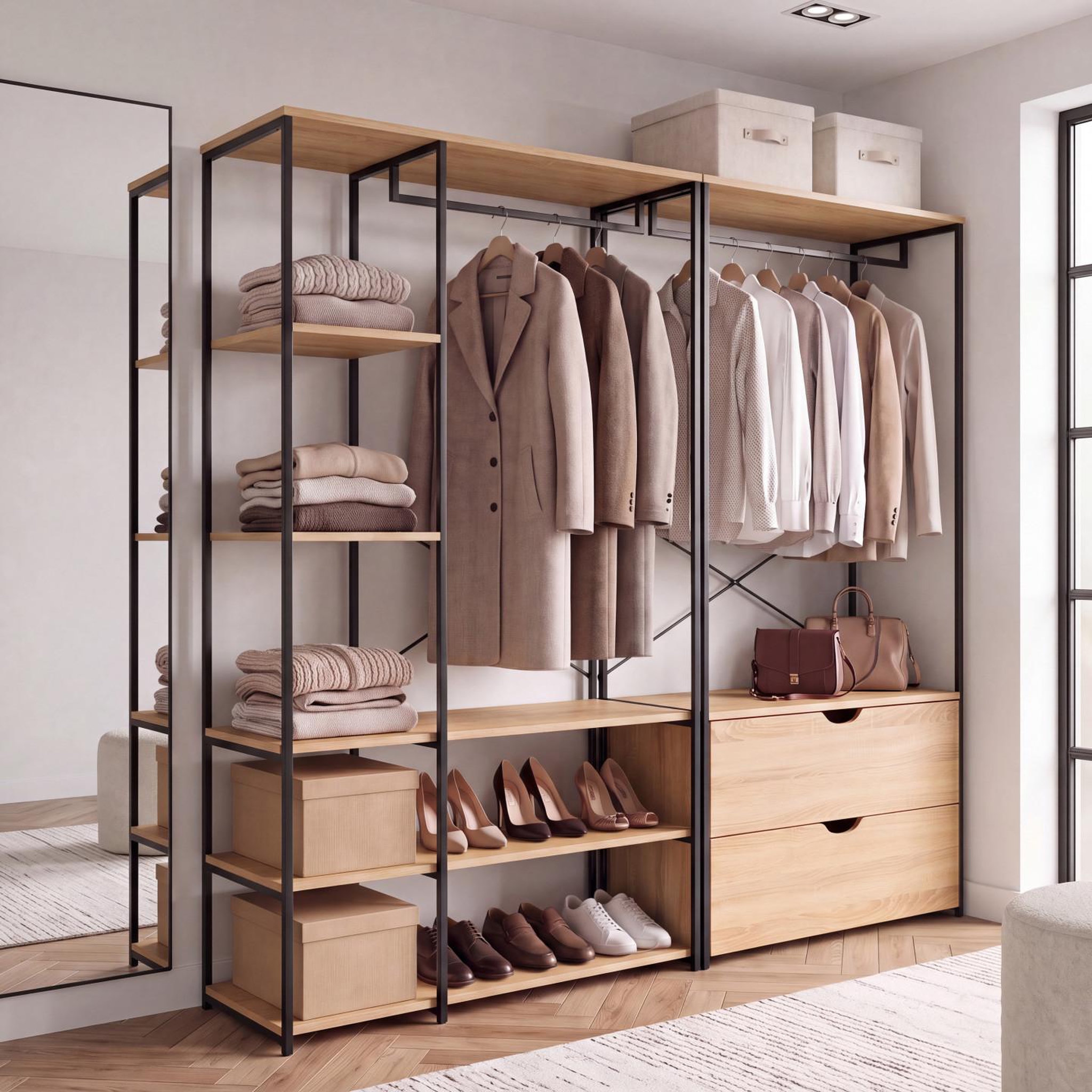 Voir la diapositive 2 : ID MARKET Dressing modulable double penderie étagères et 2 tiroirs detroit design industriel