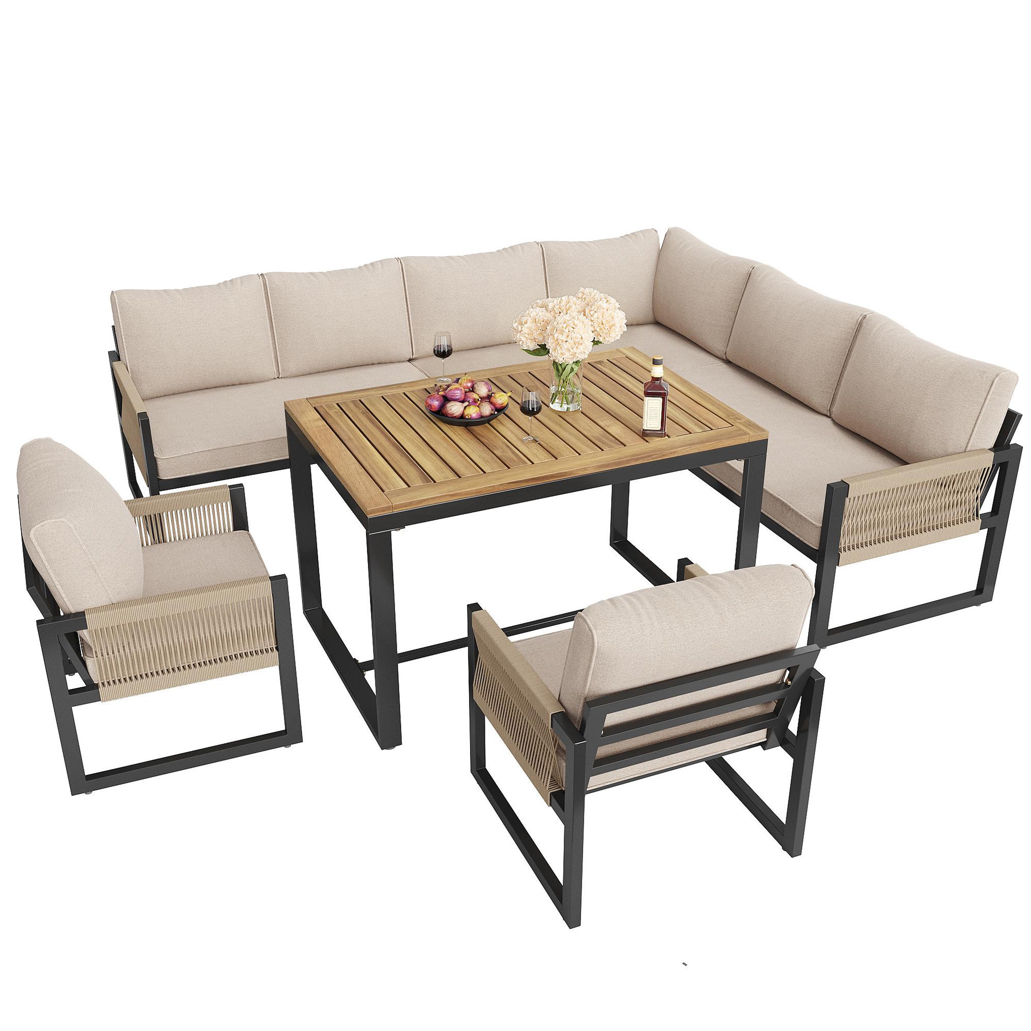 MERAX Salon de jardin repas 8 places en rotin et métal avec canapé d'angle, 3 fauteuils et 1 table, beige
