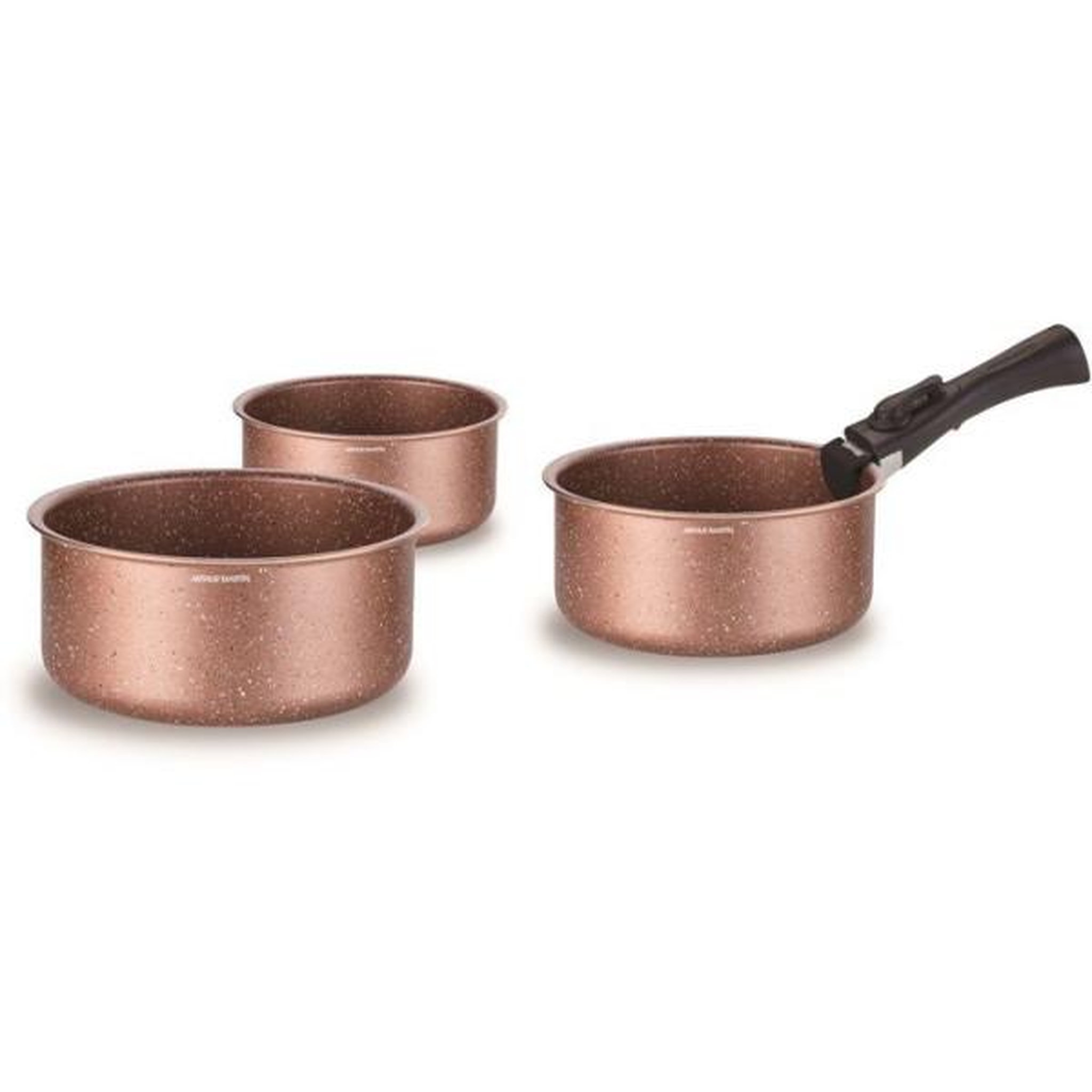 Voir la diapositive 2 : Arthur Martin Set de 3 casseroles - Tous feux dont induction - ARTHUR MARTIN - AM2366 - Ø 16,18 et 20 cm + 1 poignée amovible - Terracotta