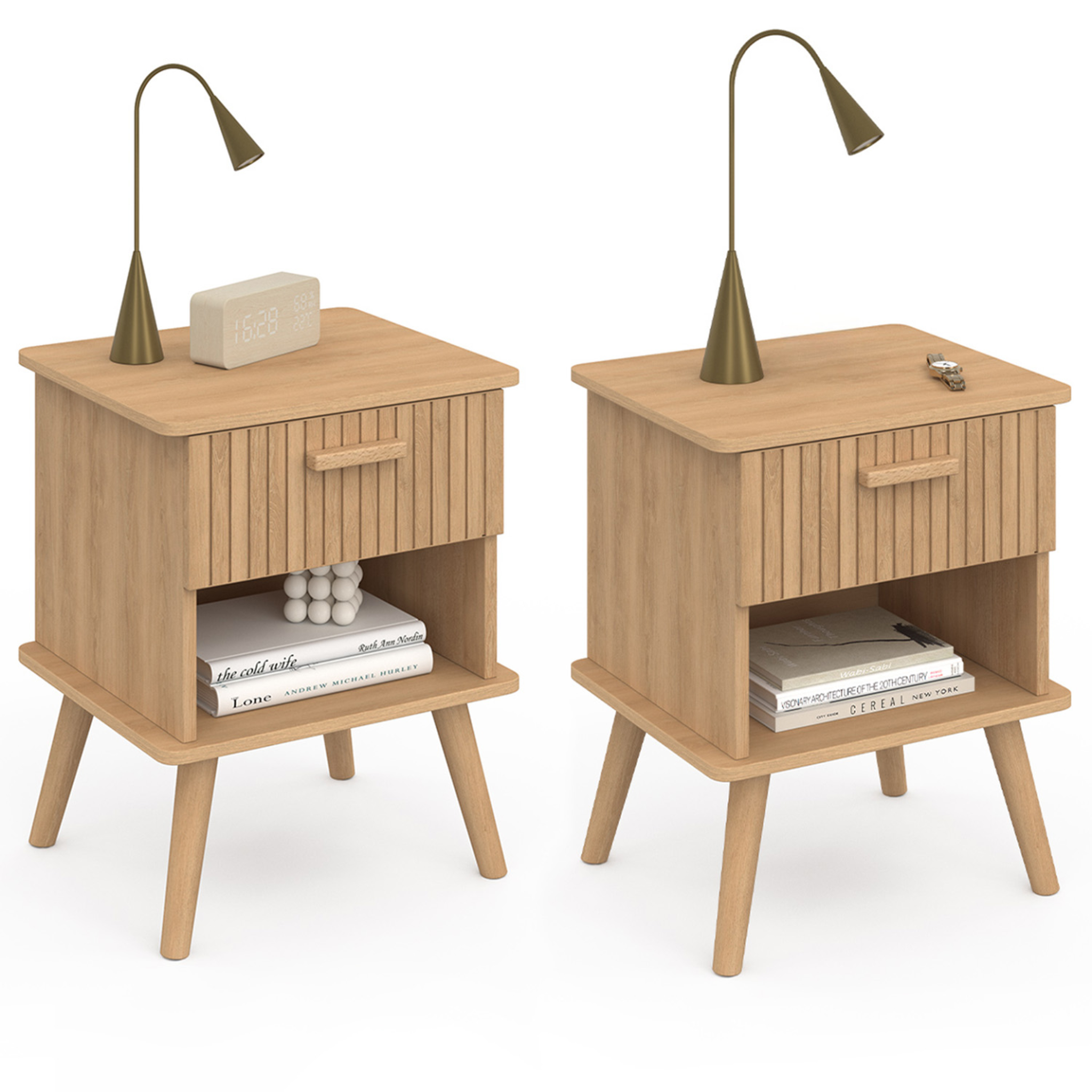 ID MARKET Lot de 2 tables de chevet JULIETTE 1 tiroir avec niche effet lattes tasseau bois