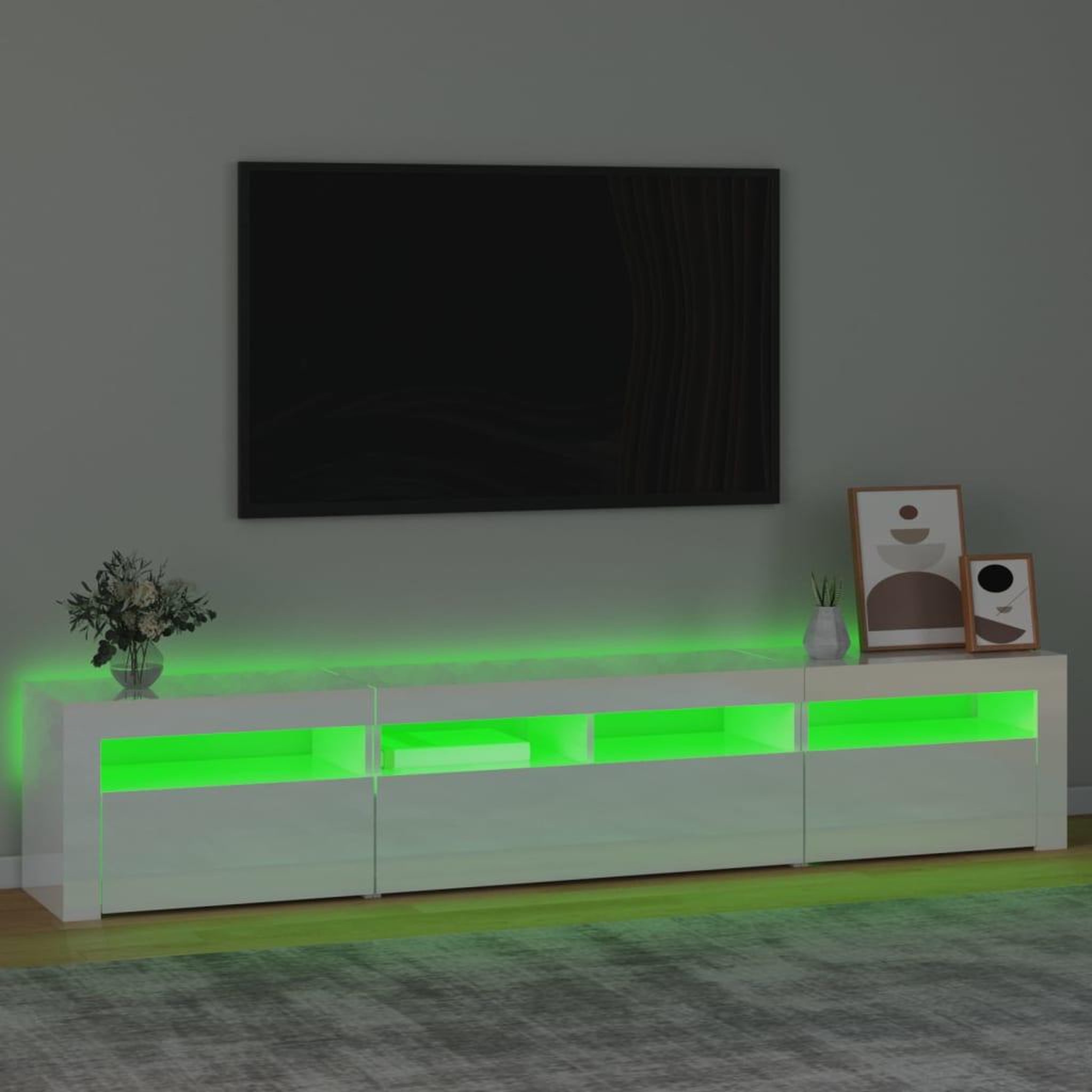Voir la diapositive 4 : VIDAXL Meuble TV avec lumieres LED Blanc brillant 210x35x40 cm