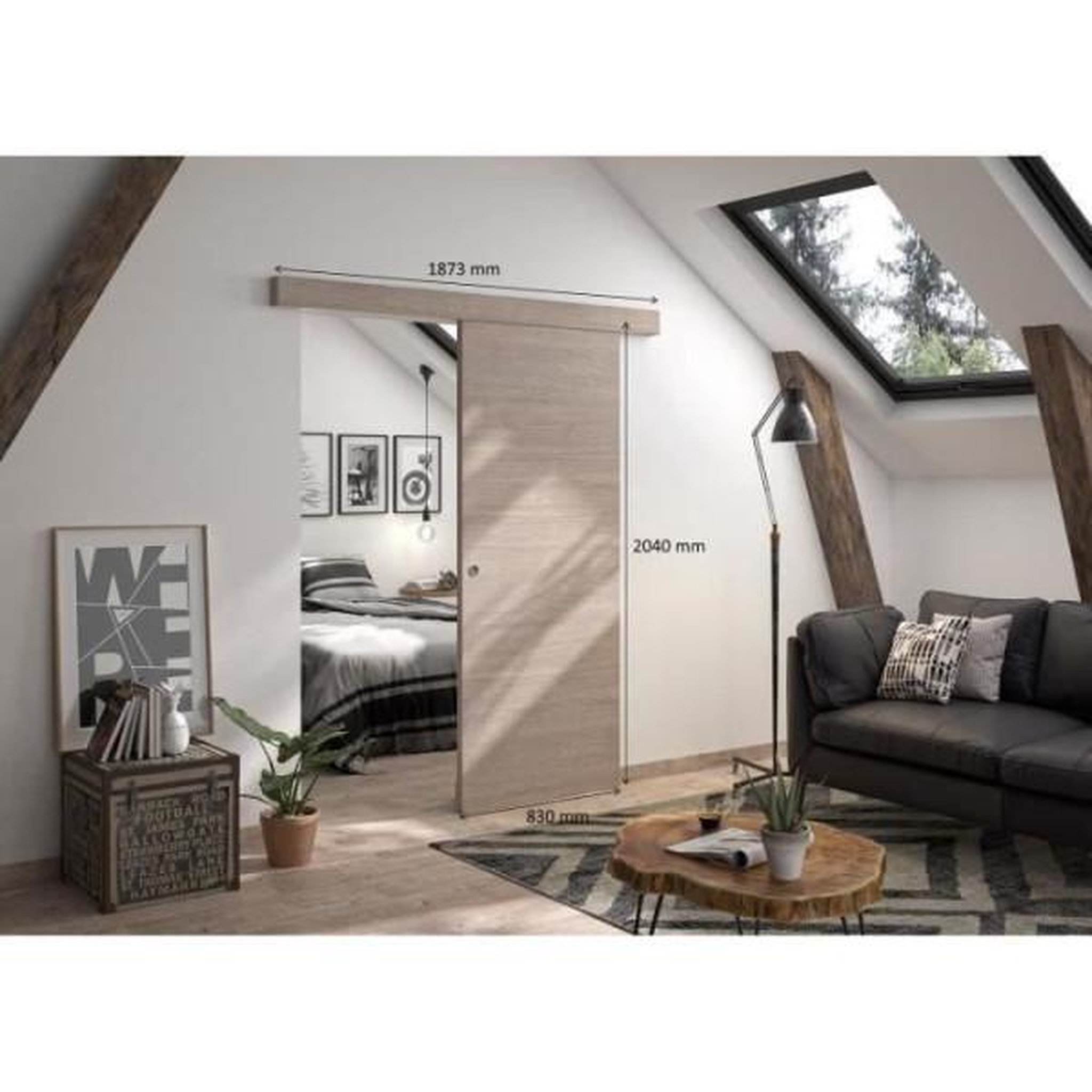 Voir la diapositive 2 : OPTIMUM Optimum - kit porte coulissante + rail + bandeau vérone - h.204xl.83xp.4 cm - chene taupe
