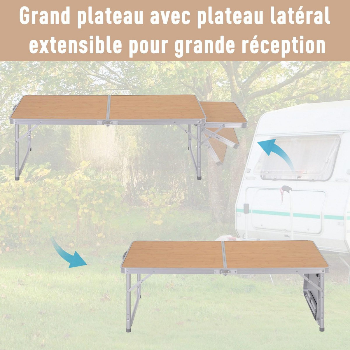 OUTSUNNY Table pliante table de camping table de jardin avec rallonge hauteur réglable aluminium MDF imitation bambou