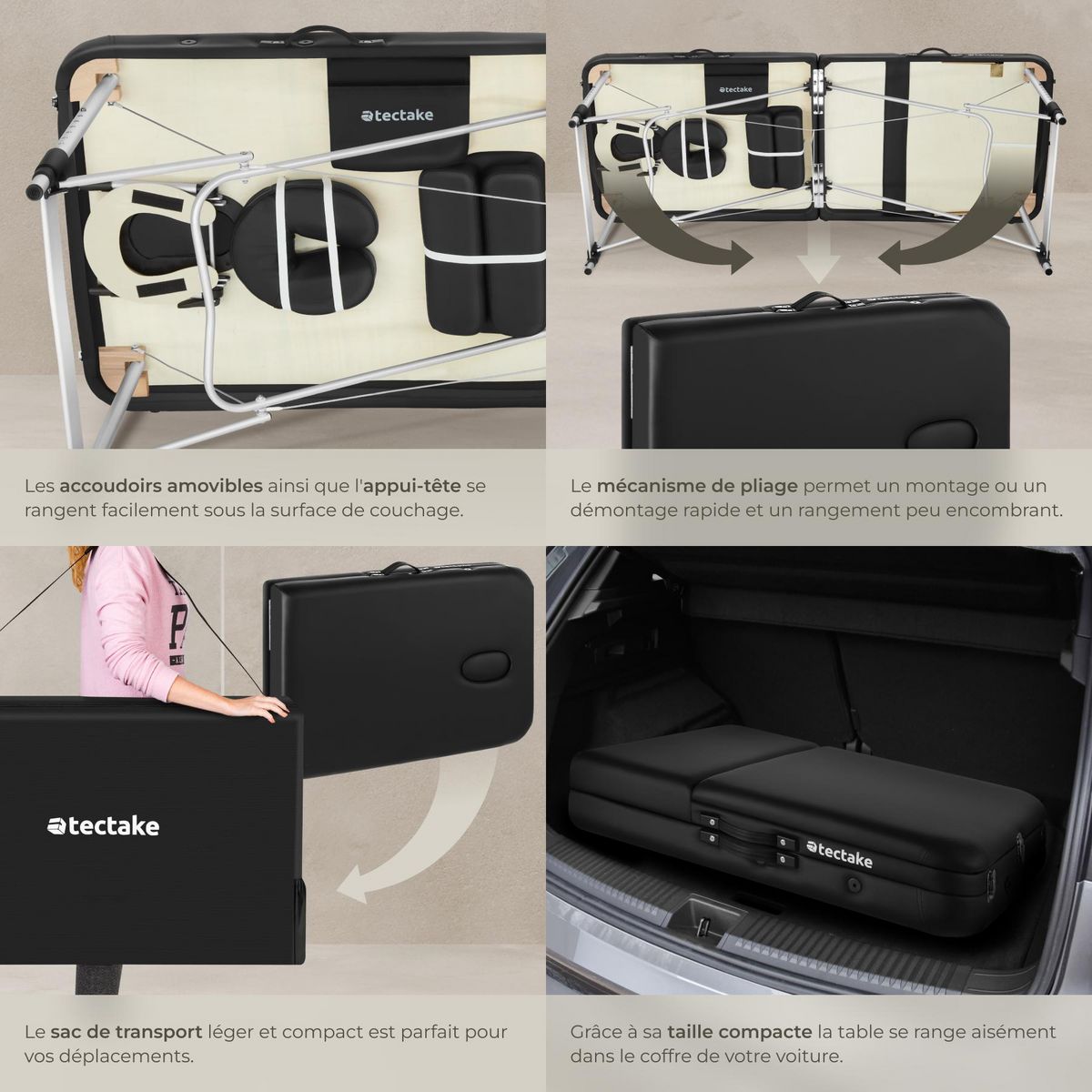 tectake Table 3 zones de massage largeur 70 cm et rembourrage 5 cm noir