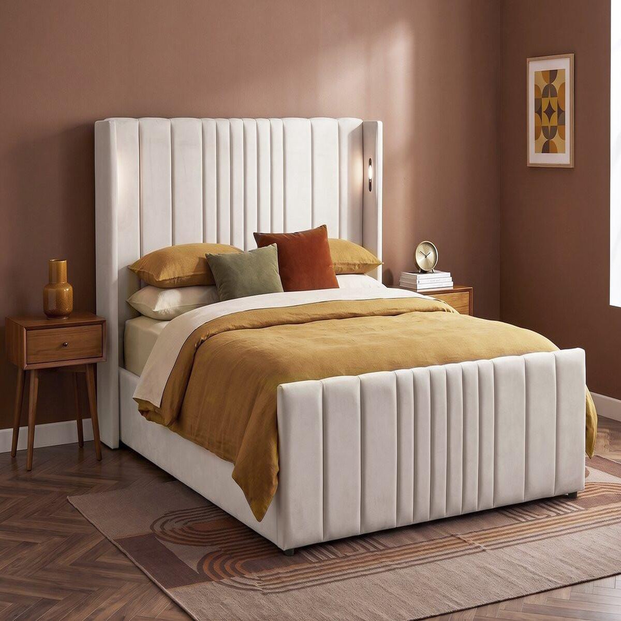 Voir la diapositive 2 : Habitat et Jardin Lit double avec coffre en tissu et lampes intégrés  verbier  - 140 x 190 cm - beige