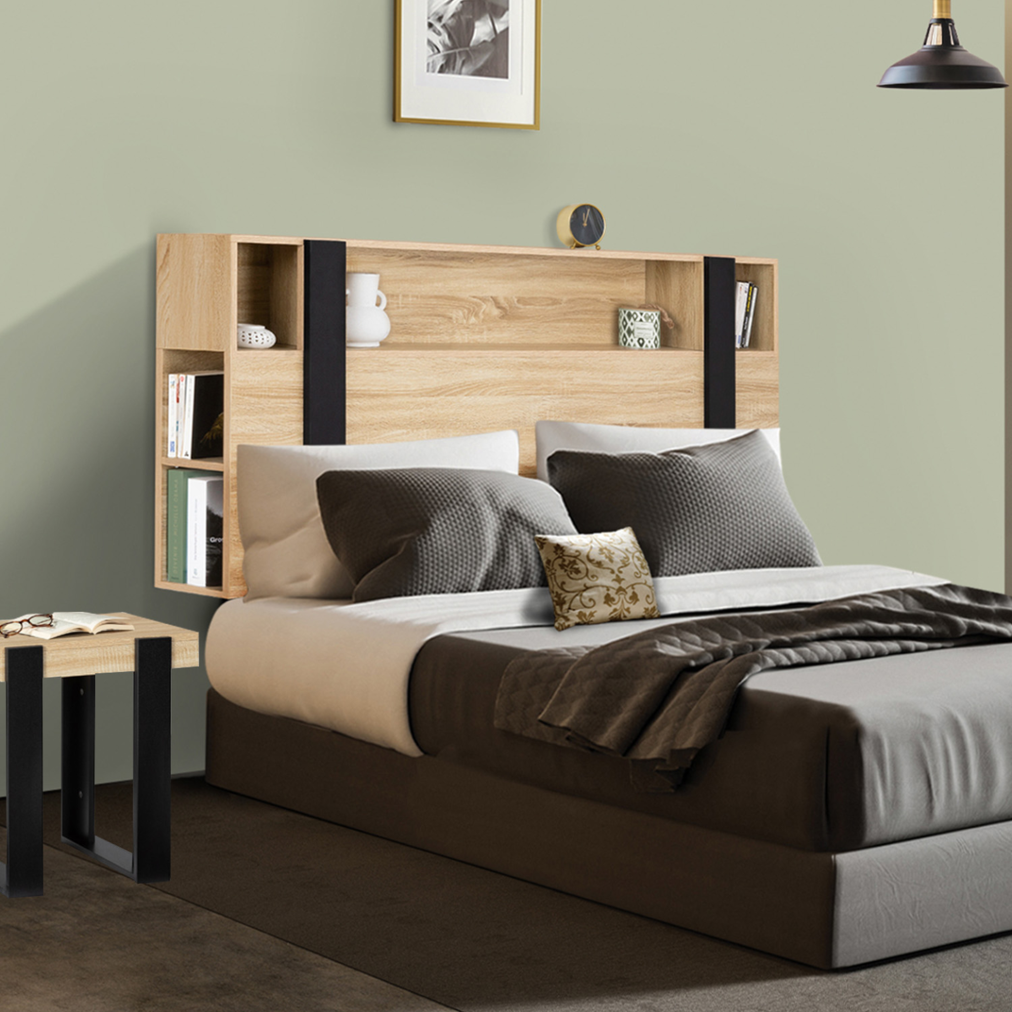 Voir la diapositive 2 : ID MARKET Tête de lit sur pied PHOENIX 160 cm avec rangements bois et noir
