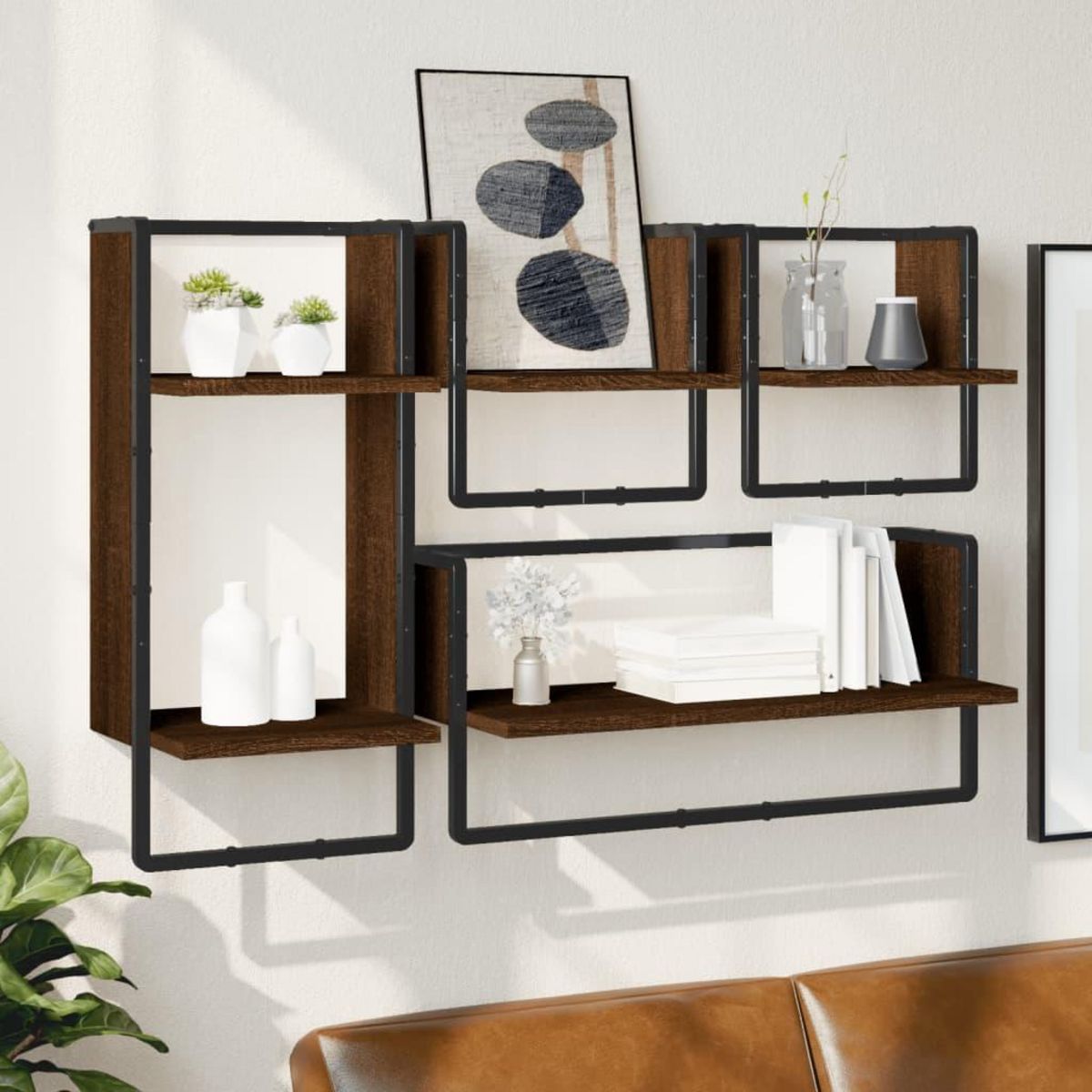 VIDAXL Ensemble d'etageres murales avec barres 4 pcs chene marron