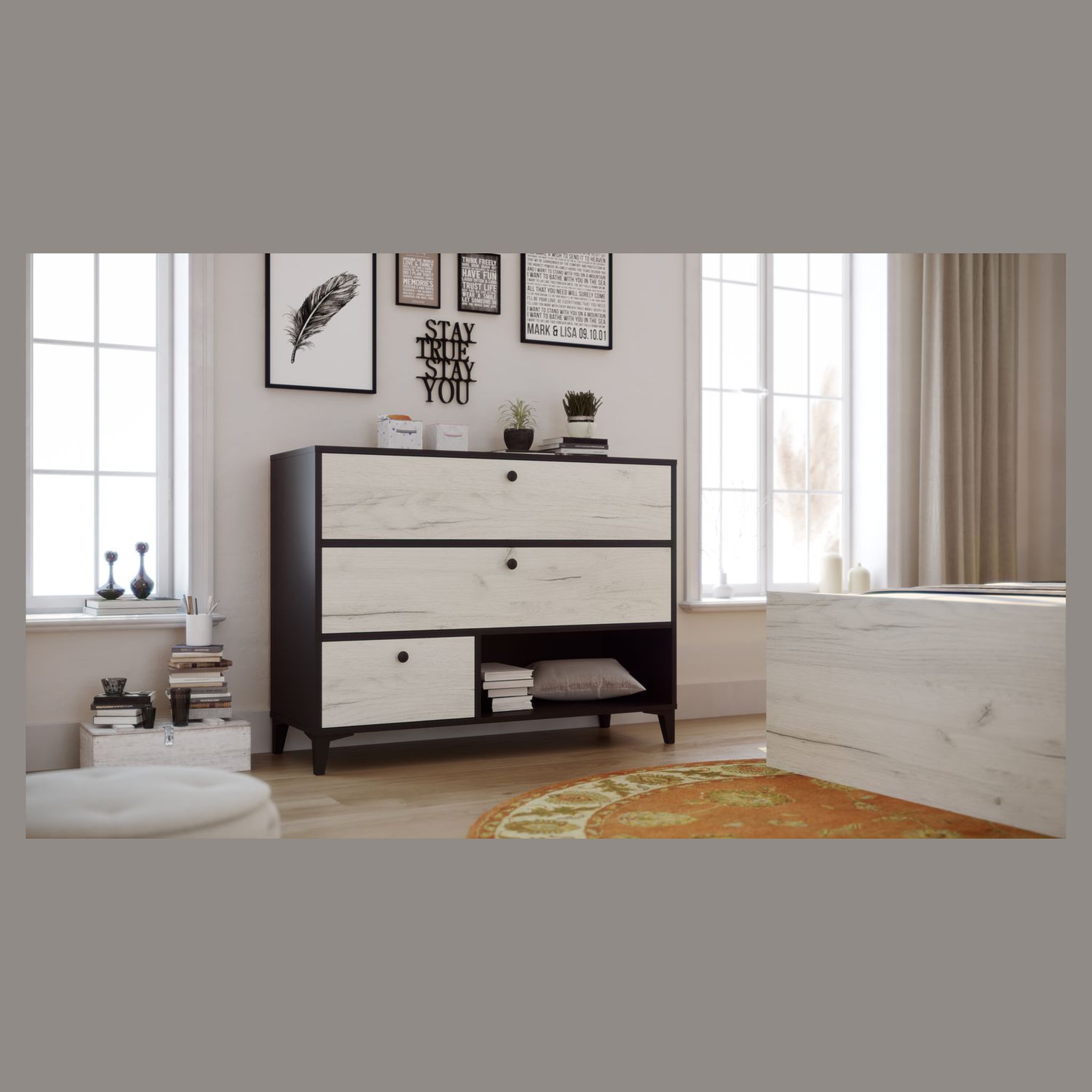 Voir la diapositive 5 : Commode 3 tiroirs 1 niche L110cm BRIDGET