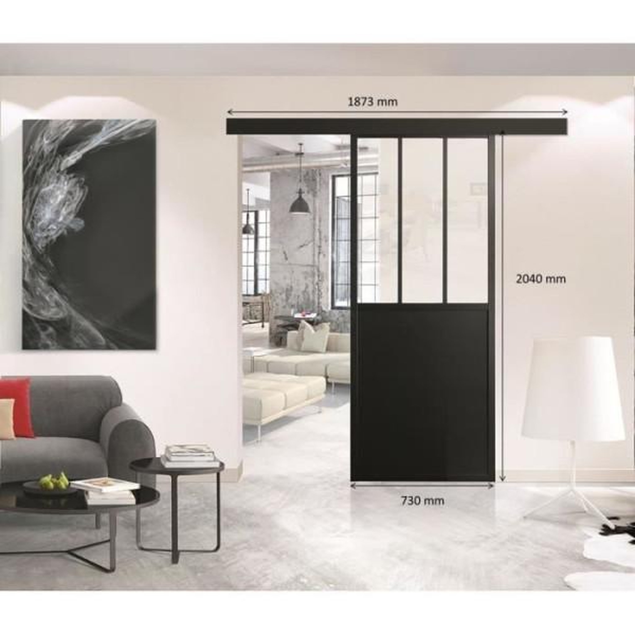 Voir la diapositive 3 : OPTIMUM Optimum - kit porte coulissante + rail + bandeau atelier - h 204 x l 73 x p 4 cm - noir verre transparent