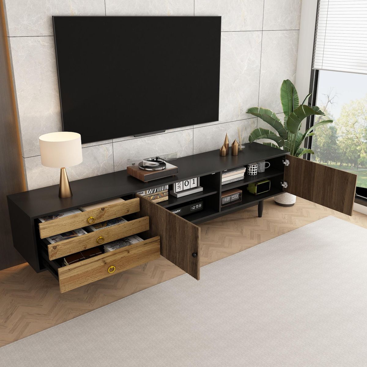 MERAX Meuble tv noir+naturel 180 cm mdf