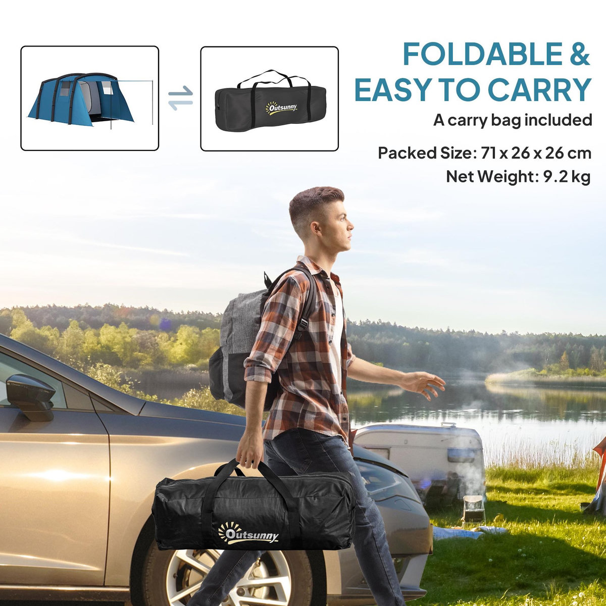 OUTSUNNY Tente de camping gonflable tunnel - 3-6 personnes - 420 x 200 x 150 cm - pompe incluse - bleu