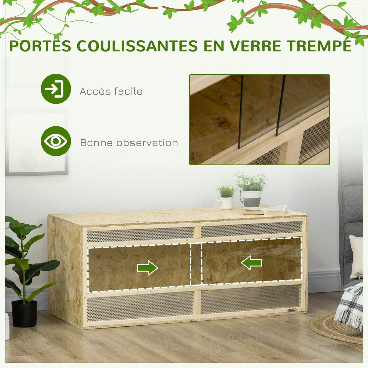PAWHUT Terrarium - vivarium reptiles & batraciens - 2 portes coulissantes verre trempé - parois frontales maillées - OSB métal