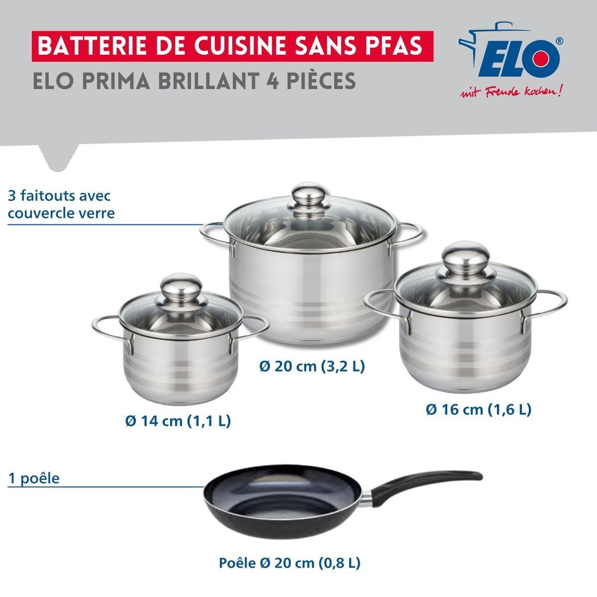 Voir la diapositive 2 : ELO Ensemble de 1 poêle de cuisson 20 cm et 3 faitouts 14, 16 et 20 cm elo prima brillant