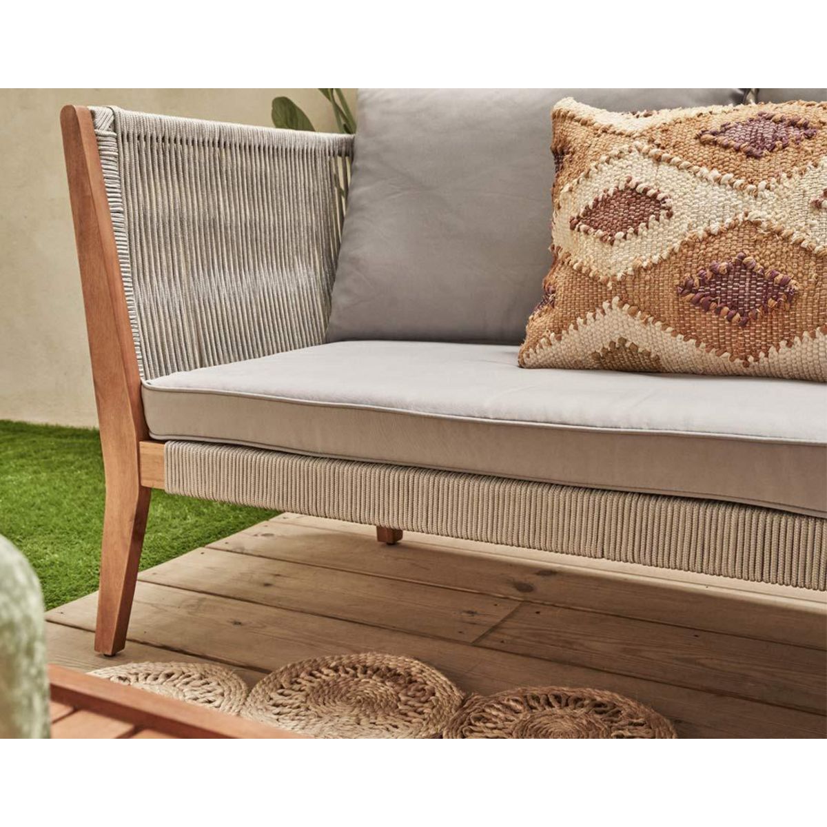 BEST MOBILIER Papua - salon bas de jardin 5 places - bois, corde et coussins gris