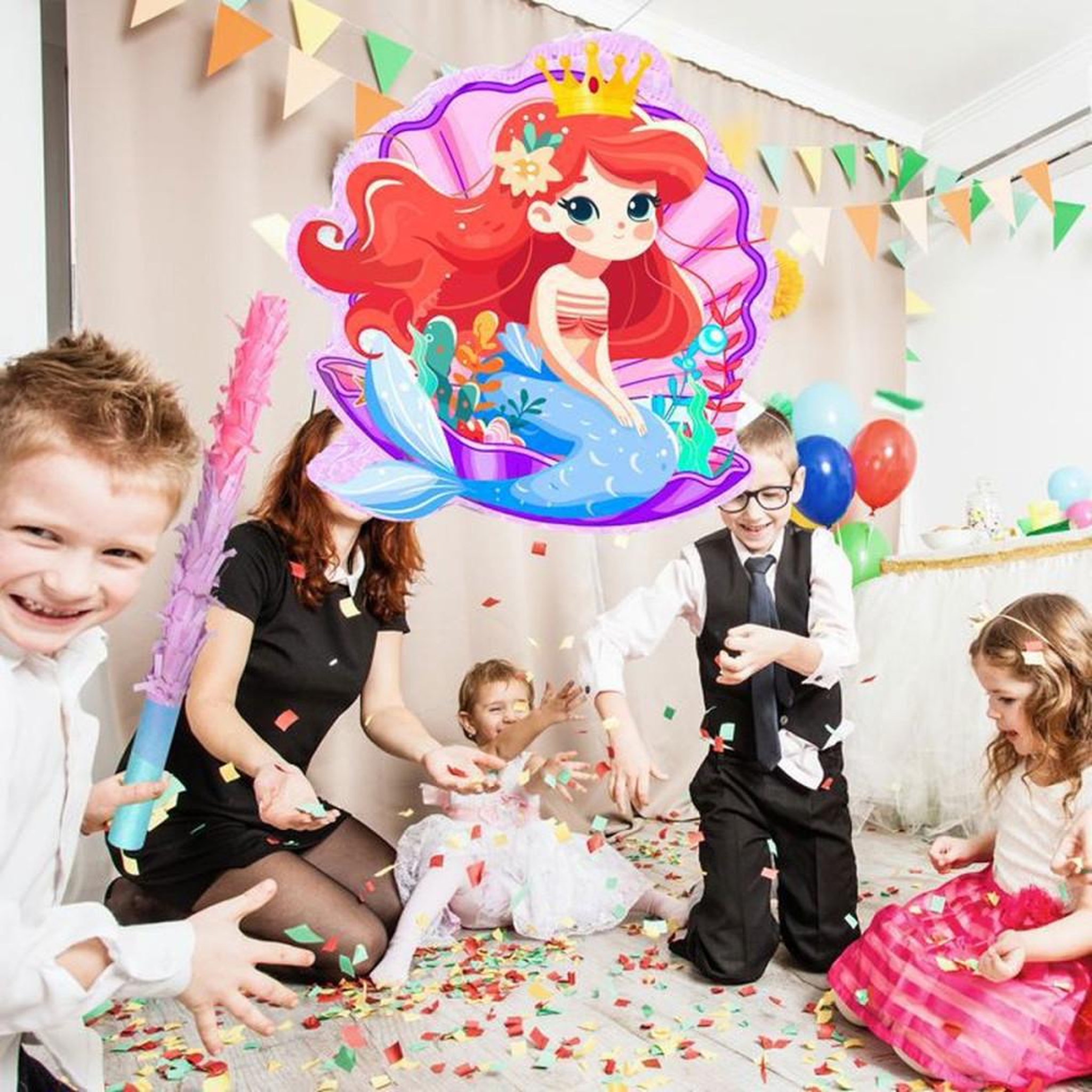 Voir la diapositive 4 : Piñata suspendue sirène multicolore pour enfants, 35,5 cm