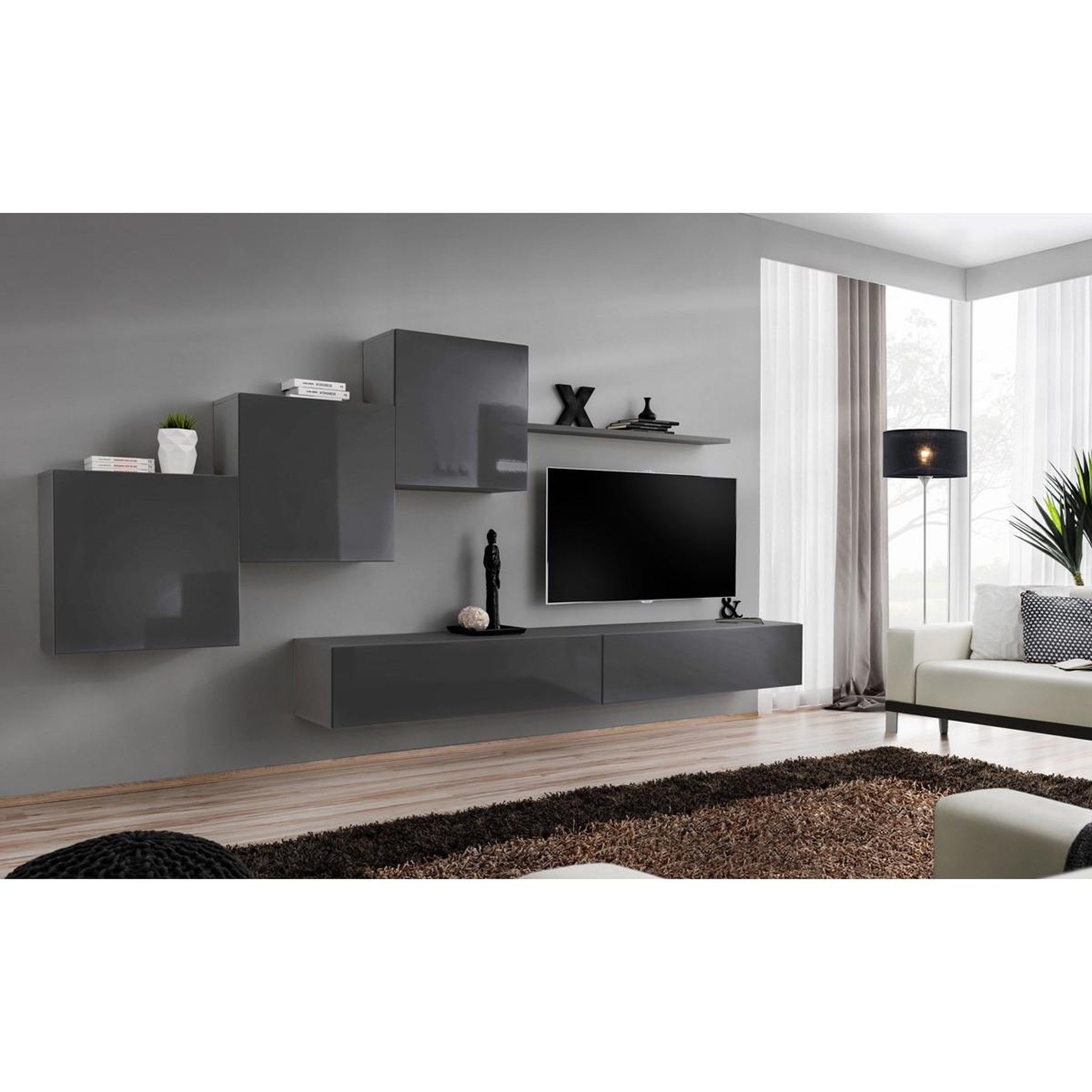Voir la diapositive 2 : Paris Prix Meuble tv mural design  switch x  330cm gris
