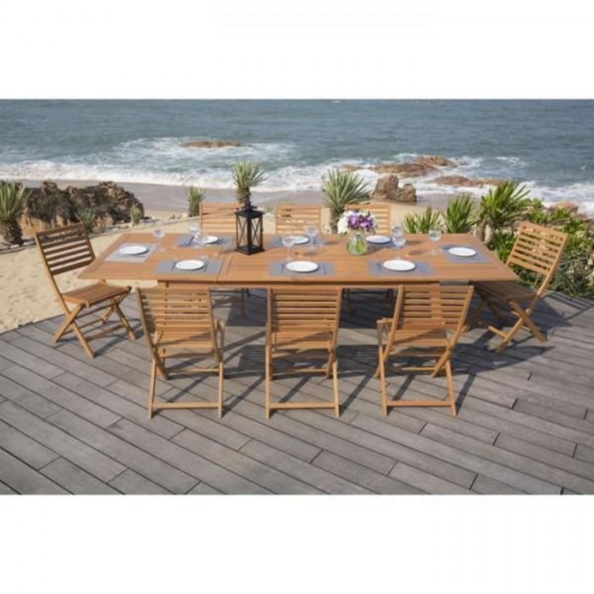 MARKET24 Ensemble repas de jardin 8 a 12 personnes - Table extensible 200/250/300 x 100cm + 8 chaises - Bois Eucalyptus FSC