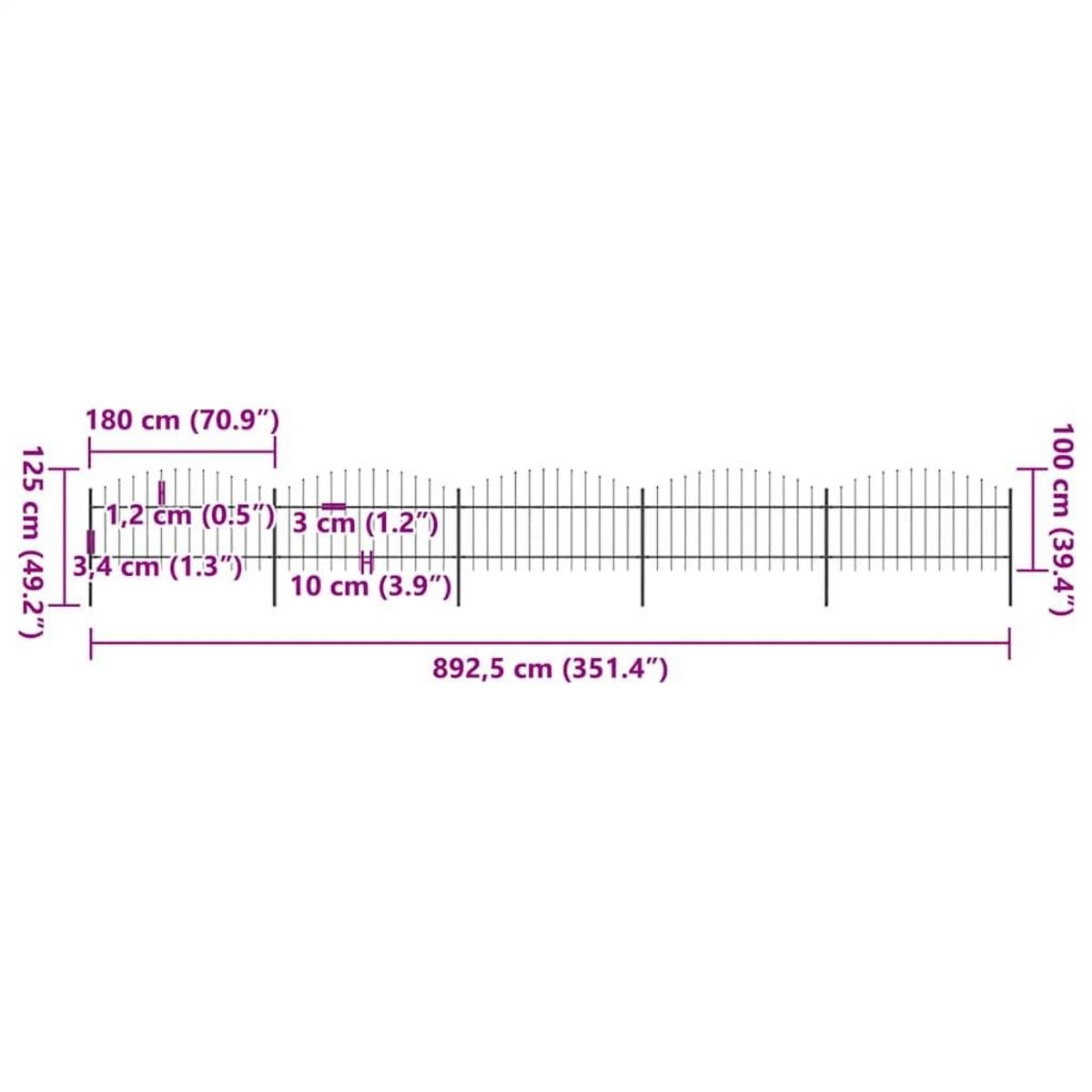 VIDAXL Cloture de jardin avec dessus en forme de lance en acier 892,5 x 125 cm Noir