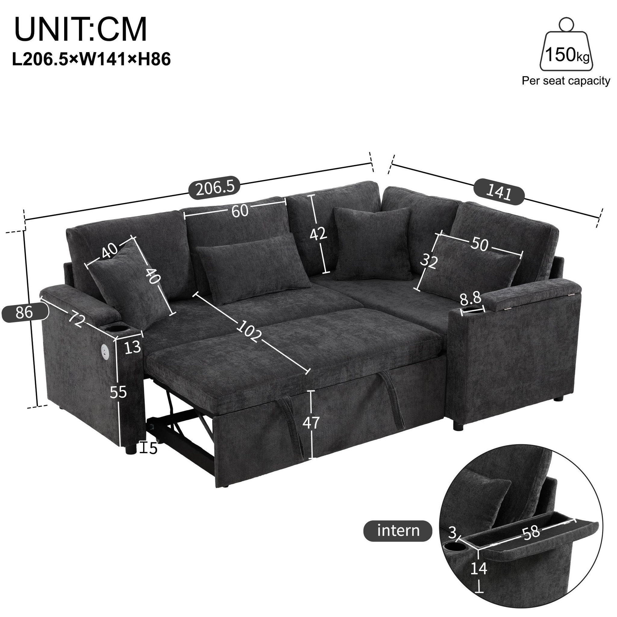 Voir la diapositive 3 : MERAX Canapé d'angle droit convertible 4 places tissu coffre de rangement