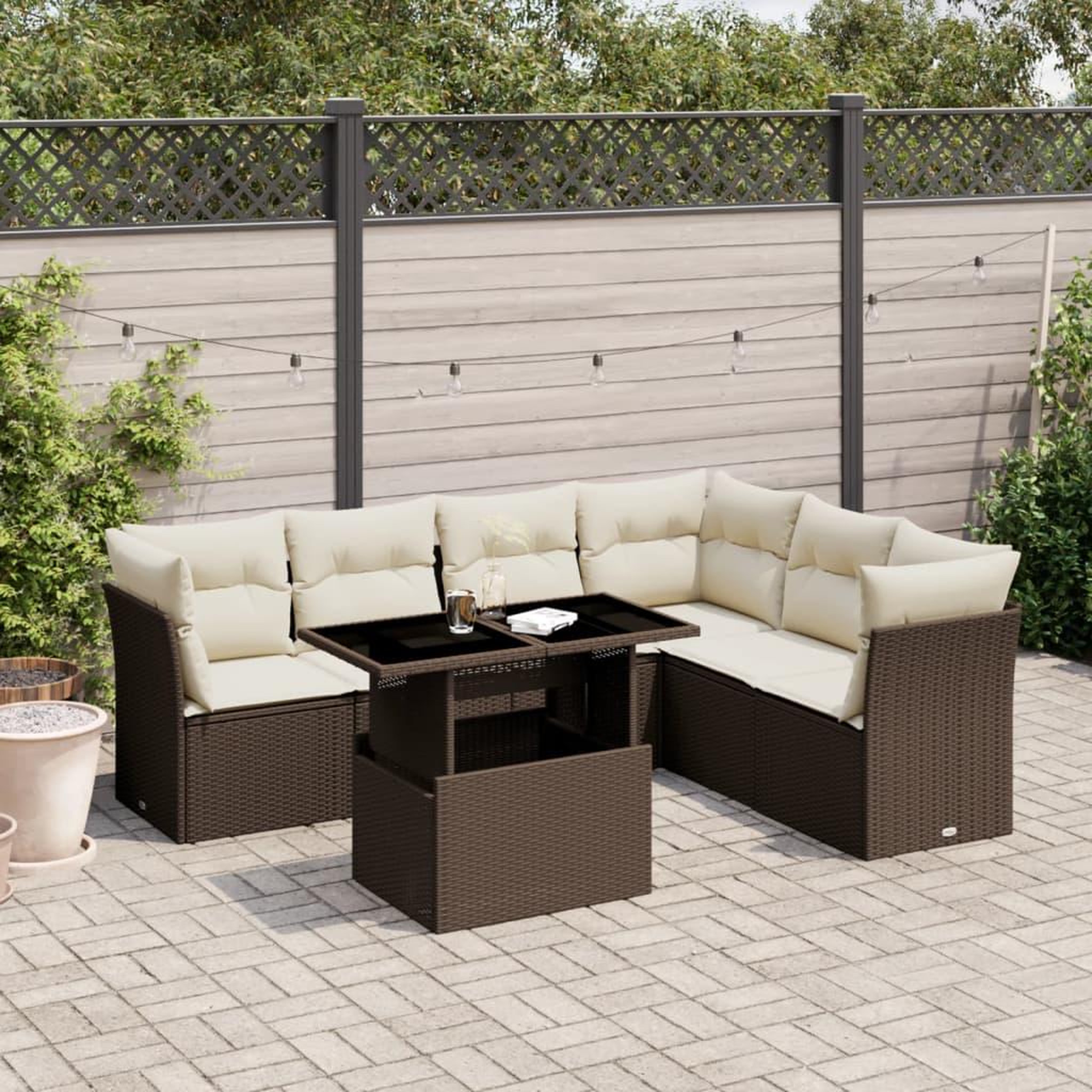VIDAXL Salon de jardin avec coussins 7 pcs marron resine tressee