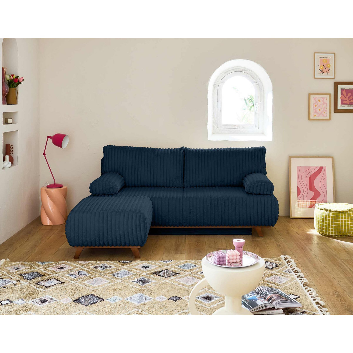 BEST MOBILIER Cristal - canapé 3 places - convertible avec coffre et pouf - en fausse fourrure côtelée