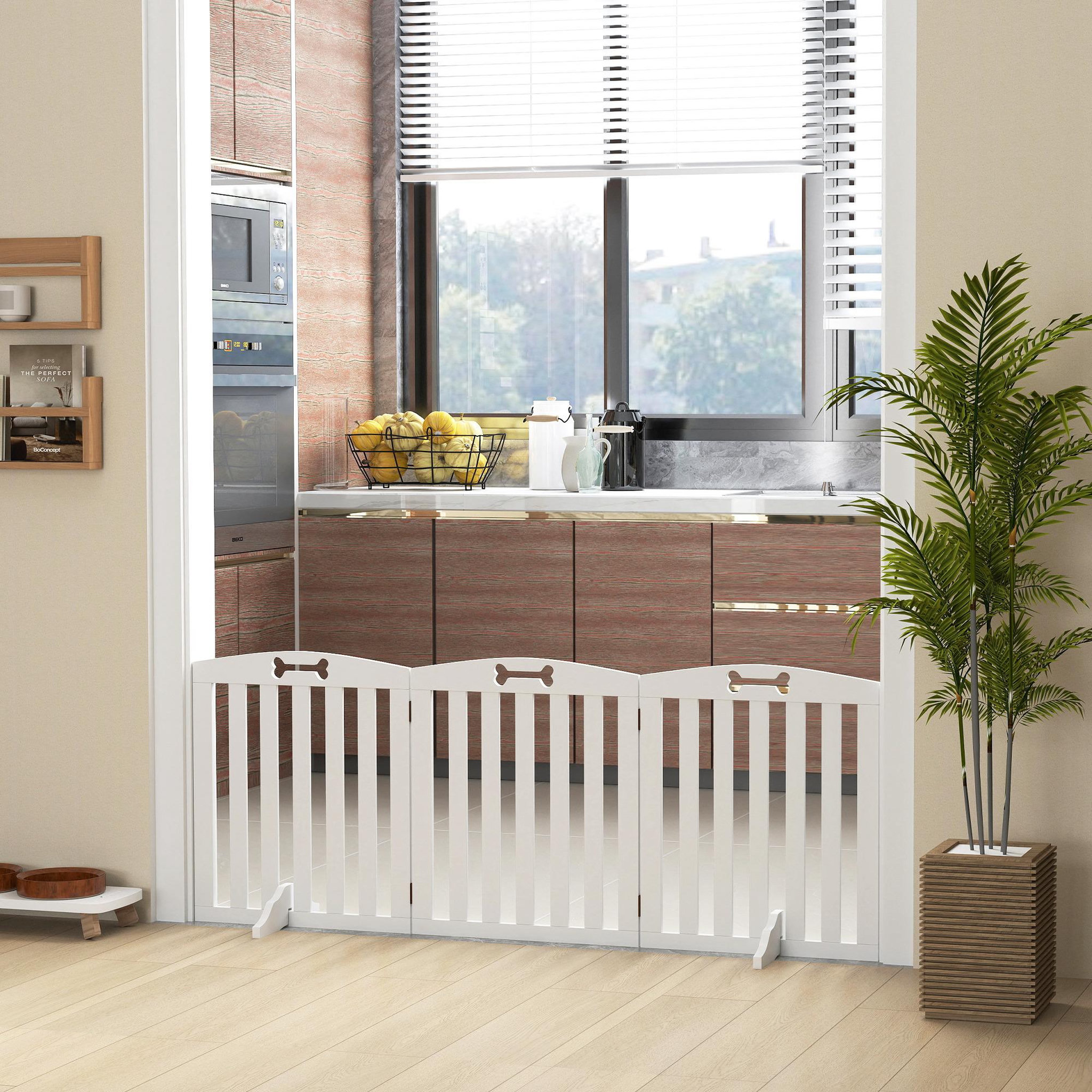 Voir la diapositive 2 : PAWHUT Barrière de sécurité chien pliable adaptable motif os - piètement support antidérapant - 155 x 30 x 61 cm - mdf blanc