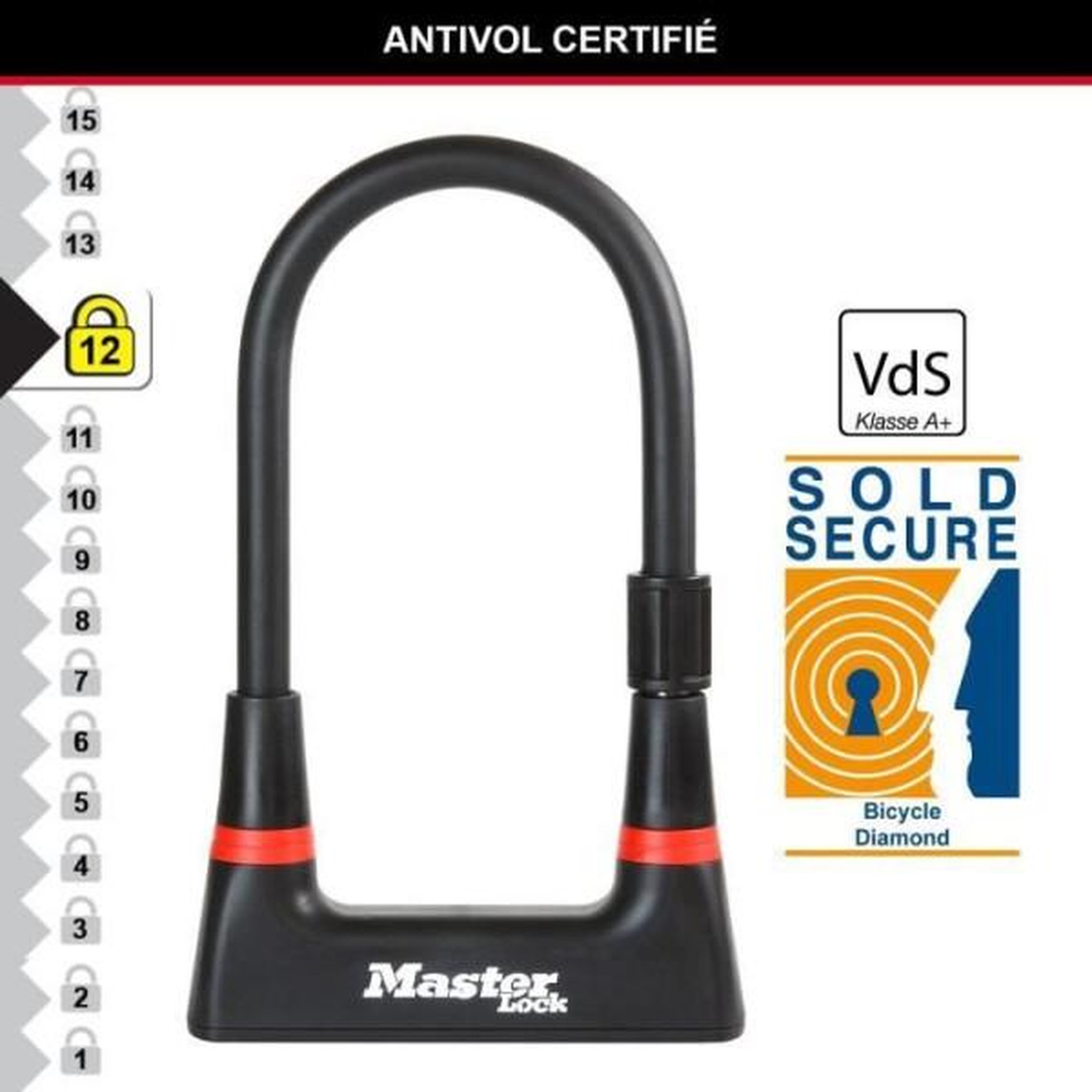 Voir la diapositive 4 : Master lock Antivol Vélo U - MASTER LOCK - 8279EURDPRO - Acier Cémenté, Clé, Certifié
