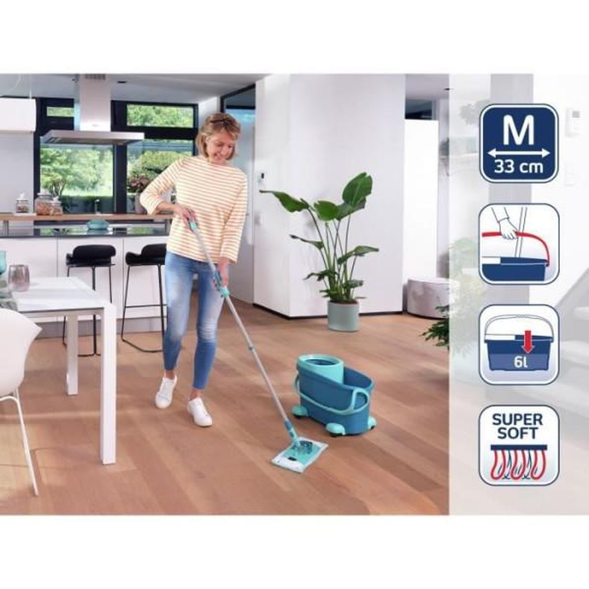 Voir la diapositive 5 : LEIFHEIT Set lave sol avec seau essoreur a roulettes leifheit clean twist ergo 52121, balai serpilliere a plat, manche télescopique 110-