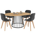 ID MARKET Ensemble table à manger extensible ronde YUNA plateau bois et pied filaire en métal 110-150 cm et 4 chaises ROBINE en PU noires