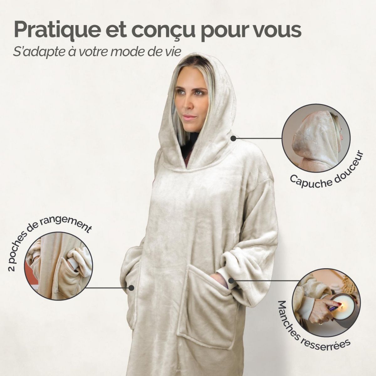 VIVEZEN Sweat plaid à capuche, couverture, pull - Flanelle - Adulte - Gris