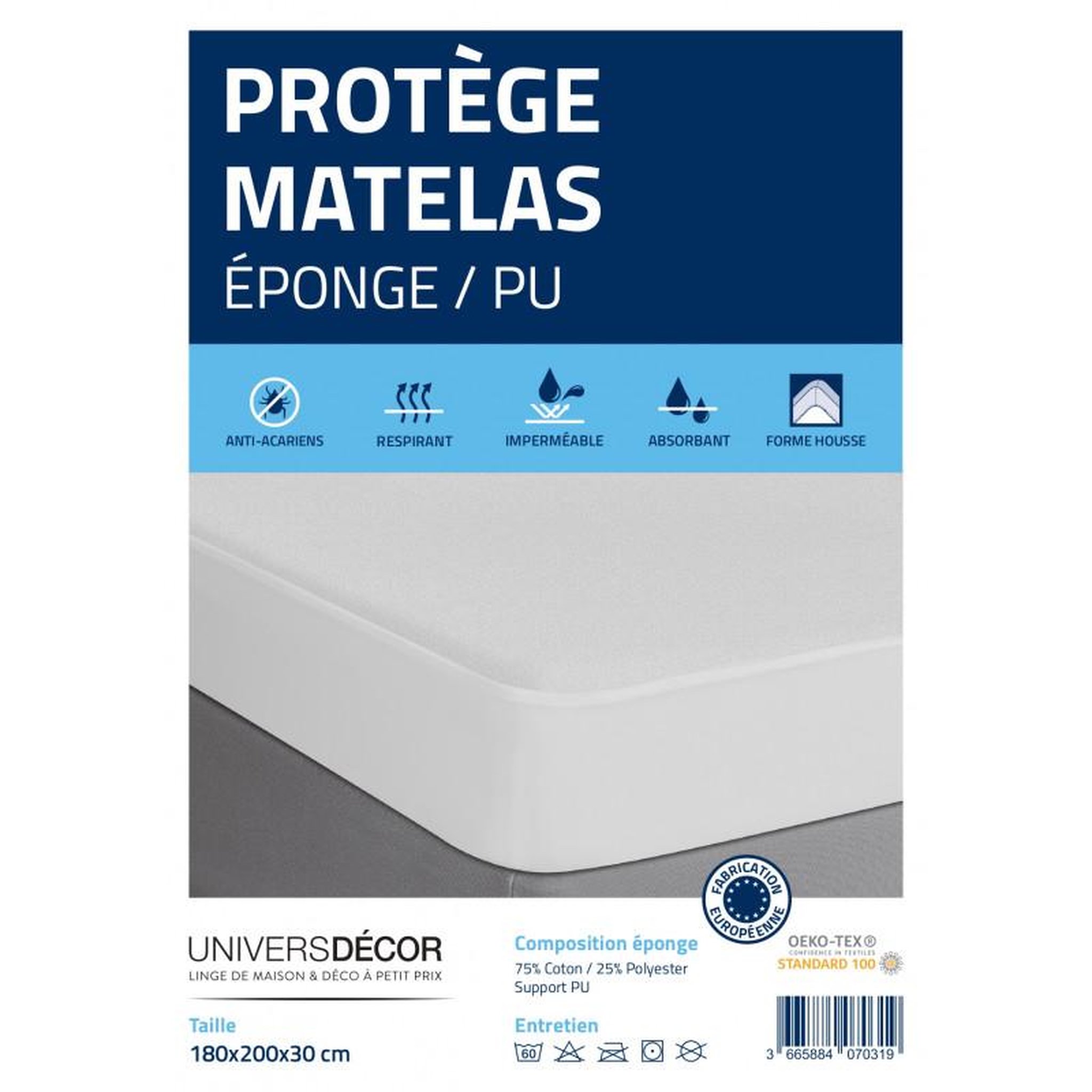 Voir la diapositive 3 : UNIVERS DECOR Protège matelas éponge imperméable anti-acariens 180 x 200 + 30 cm