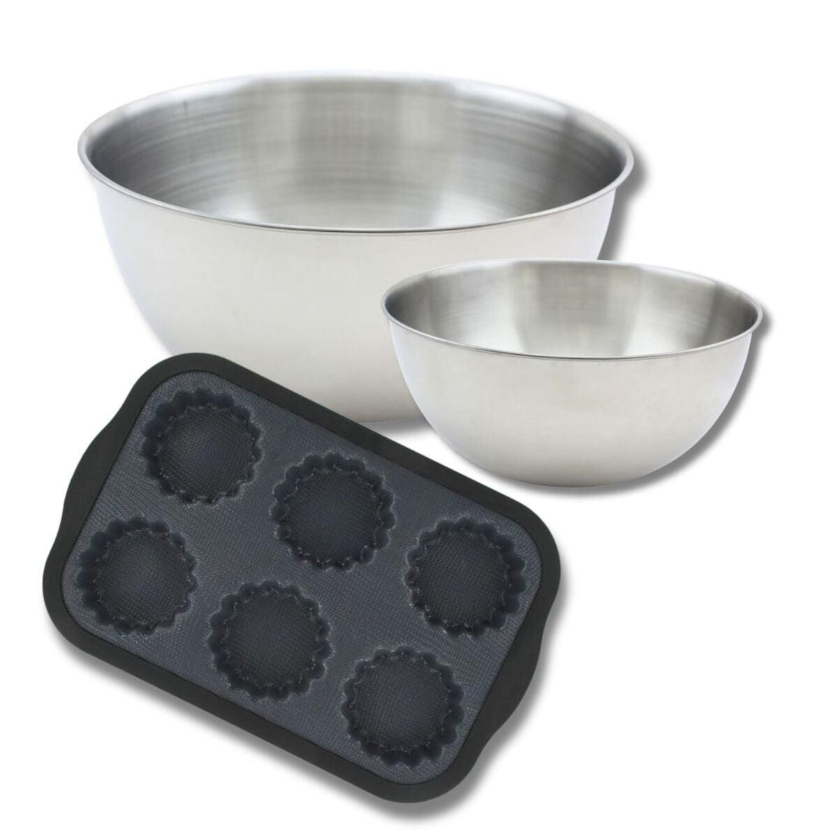 ZENKER Lot avec 1 Moule 6 tartelettes en fibre de verre, 1 spatule Zenker et 2 bols à mixer en inox Fackelmann