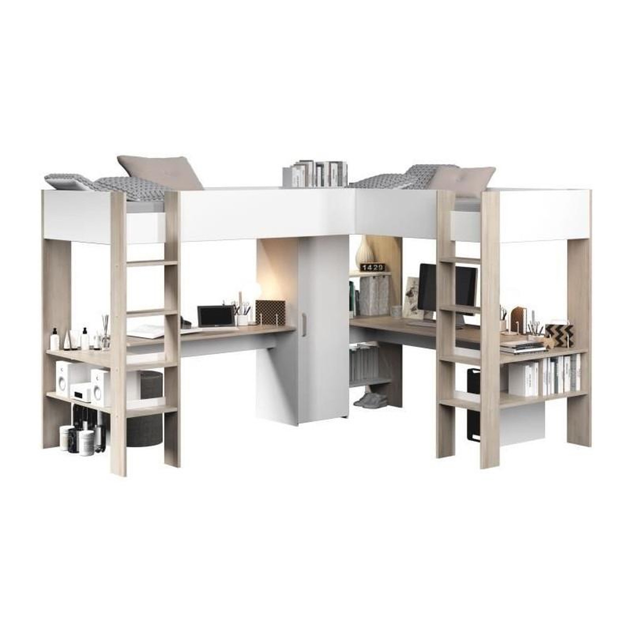 PARISOT Lit double mezzanine combiné enfant ALEXANDRA avec 2 bureaux et rangements - 2x90x200 cm - Blanc/Chene - Sommiers inclus - PARI