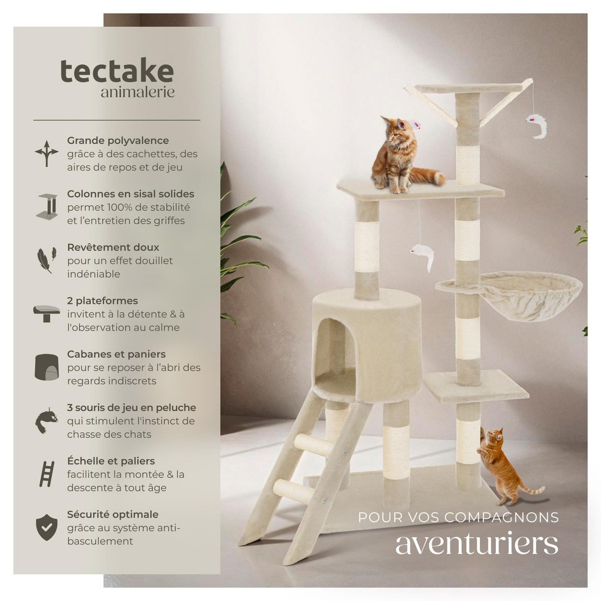 tectake Arbre à chat 144 cm avec griffoir et plateforme d'escalade beige