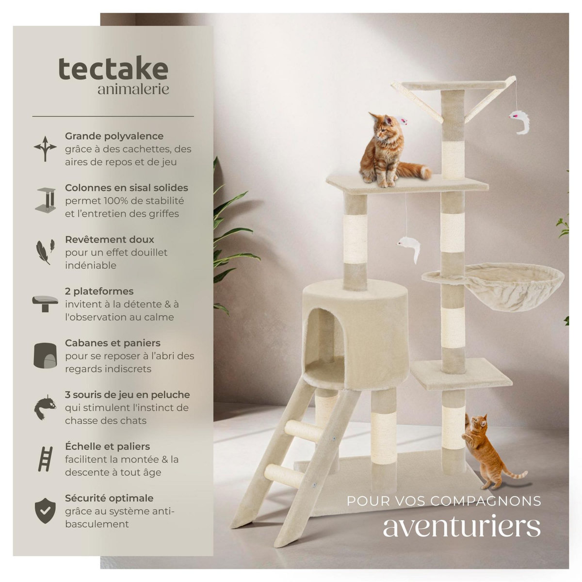 tectake Arbre à chat 144 cm avec griffoir et plateforme d'escalade beige