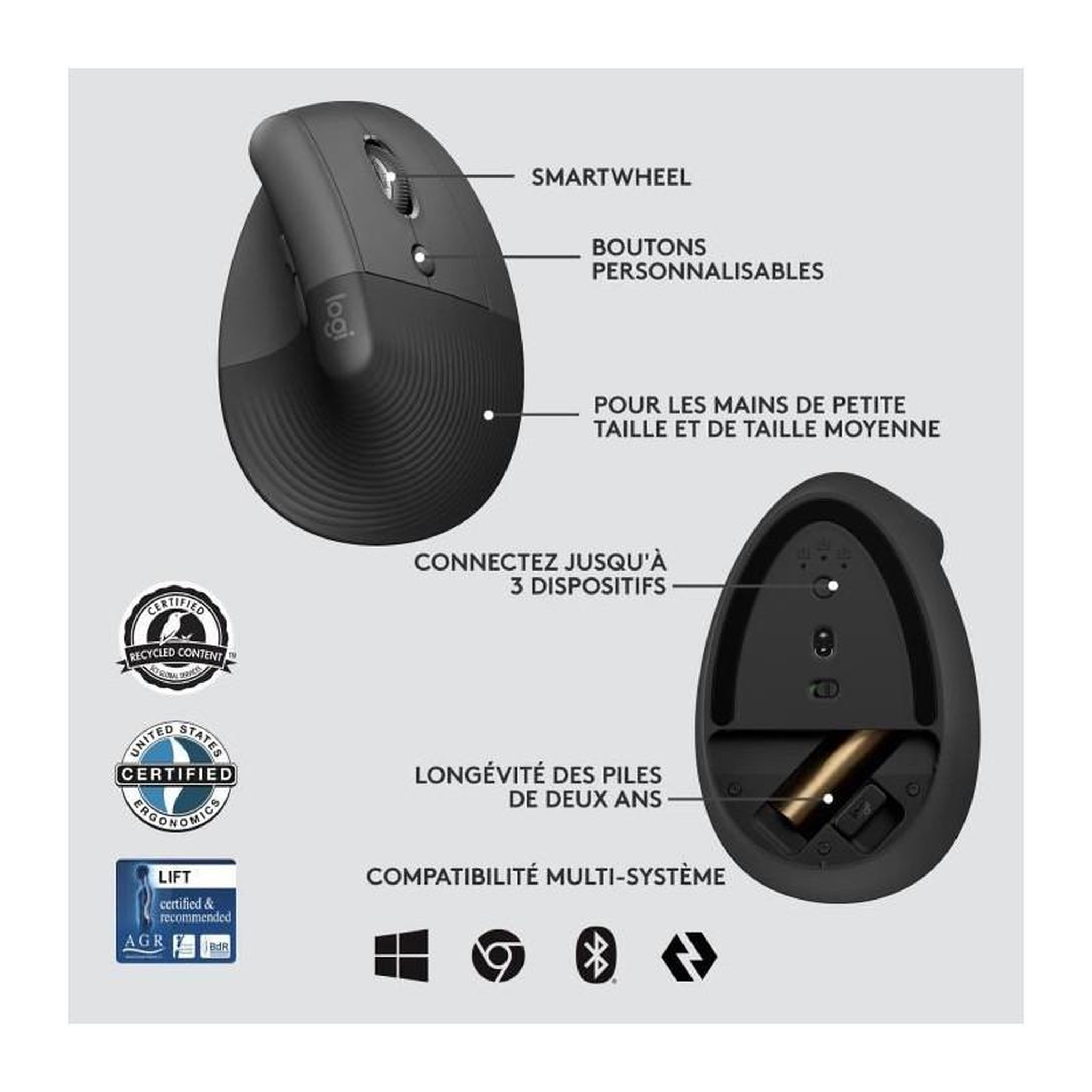 Voir la diapositive 6 : Logitech Souris Sans Fil - LOGITECH - LIFT for Business - Ergonomique Verticale - Bluetooth - Clics Silencieux - USB Logi Bolt - Graphite