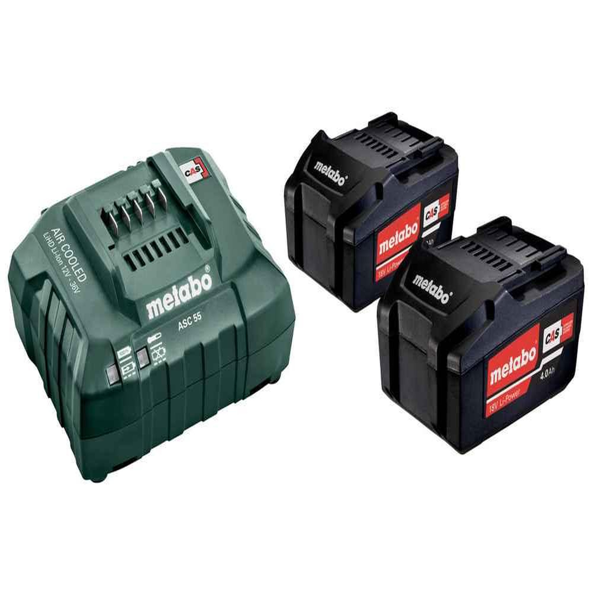 METABO SAS Pack énergie 18 V Pack 2 Batteries 18 volts + chargeur rapide - 2 x 4,0 Ah Li-Power, ASC 55, carton